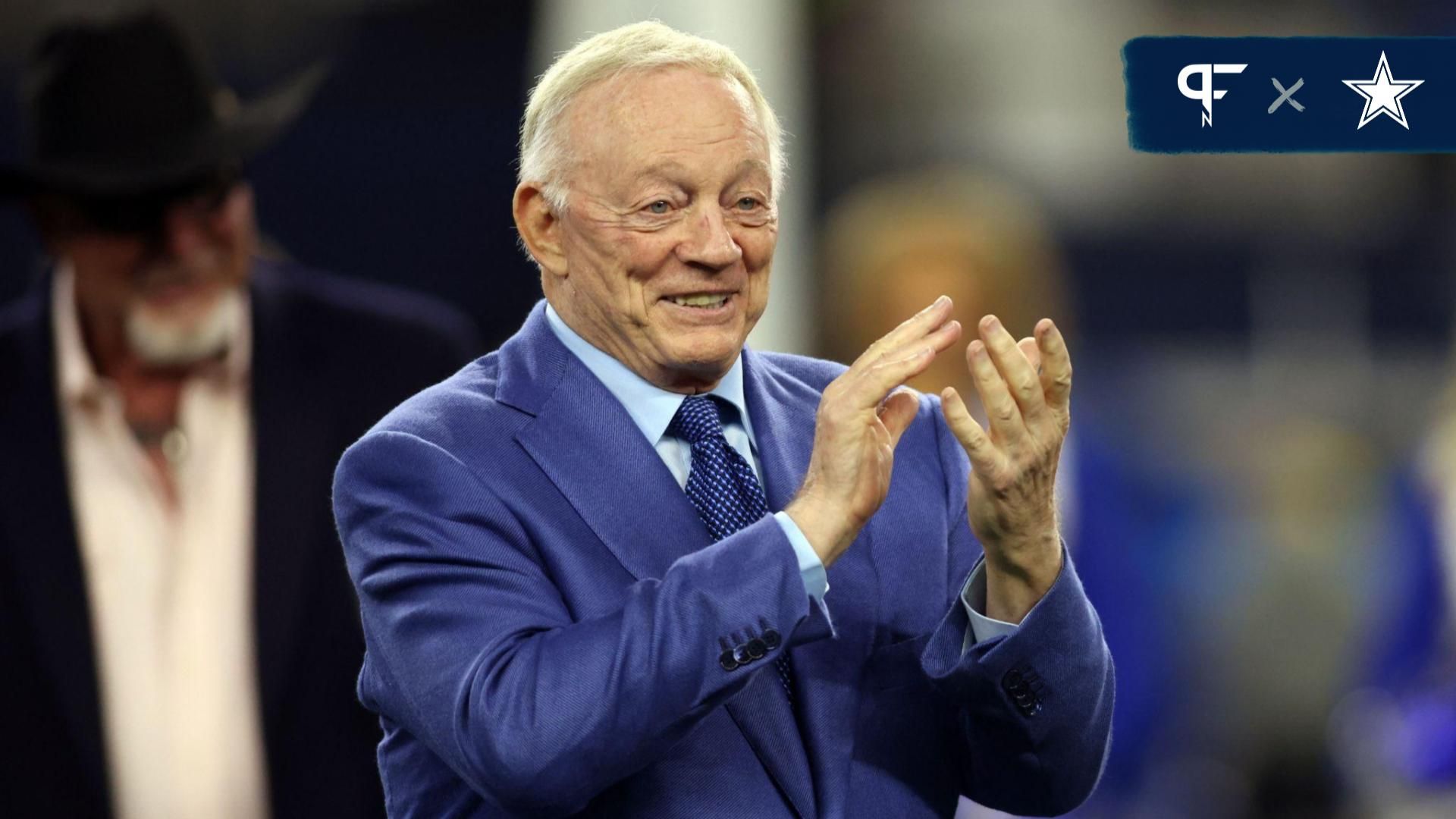 Dallas Cowboys owner Jerry Jones applauds during the Ring of Honor induction ceremony at half time in the game against the Detroit Lions at AT&T Stadium.