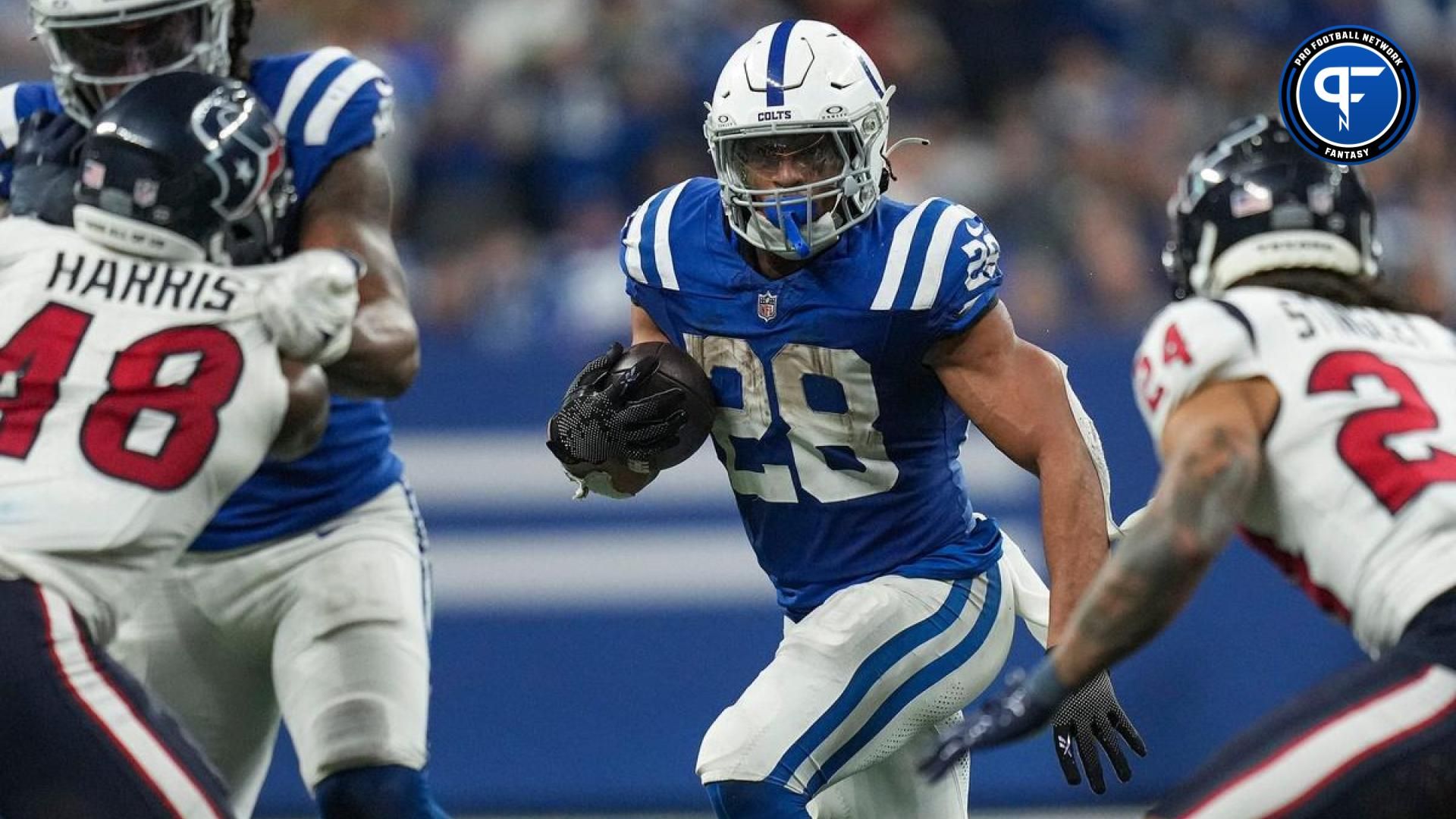 Indianapolis Colts running back Jonathan Taylor (28) runs the ball on Saturday, Jan. 6, 2024, during a game against the Houston Texans at Lucas Oil Stadium in Indianapolis.