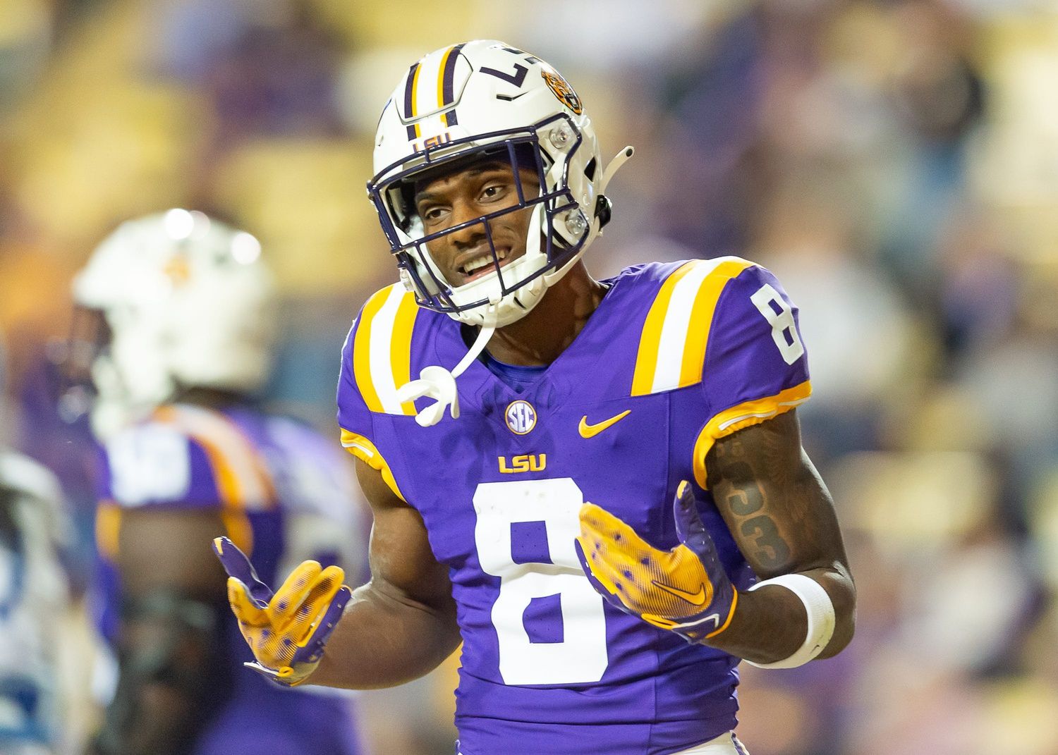 Tigers reciever Malik Nabers 8 after a touchdown as the LSU Tigers take on Georgia State in Tiger Stadium in Baton Rouge, Louisiana, November 18, 2023.