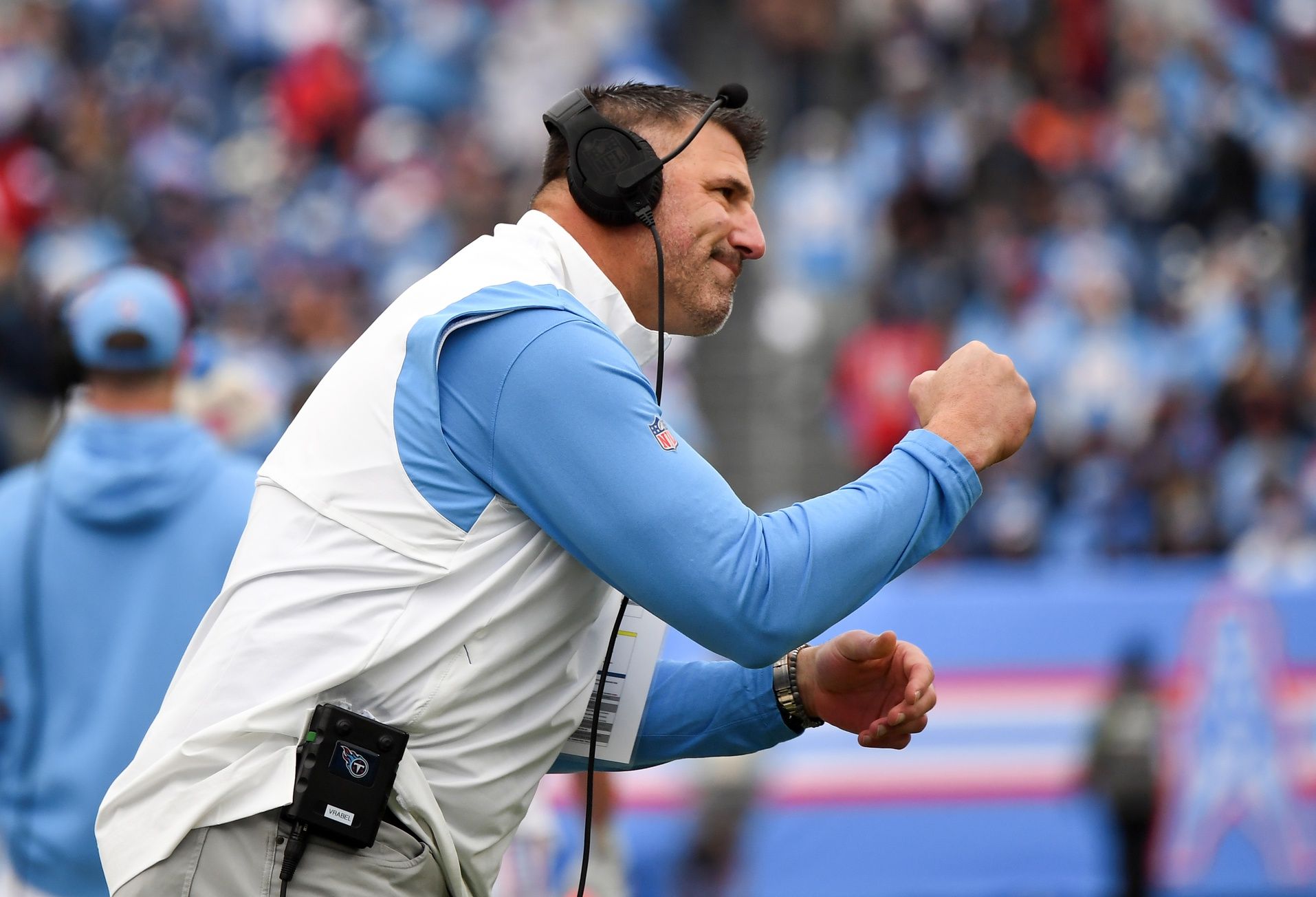 Tennessee Titans head coach Mike Vrabel reacts after a defensive stop.