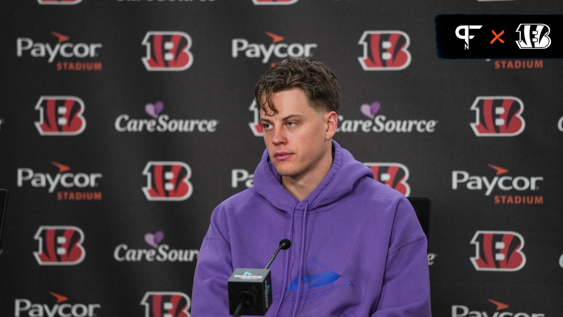 Bengals quarterback Joe Burrow speaks to the media during a press conference on the first day of the off season for the Bengals at Paycor Stadium