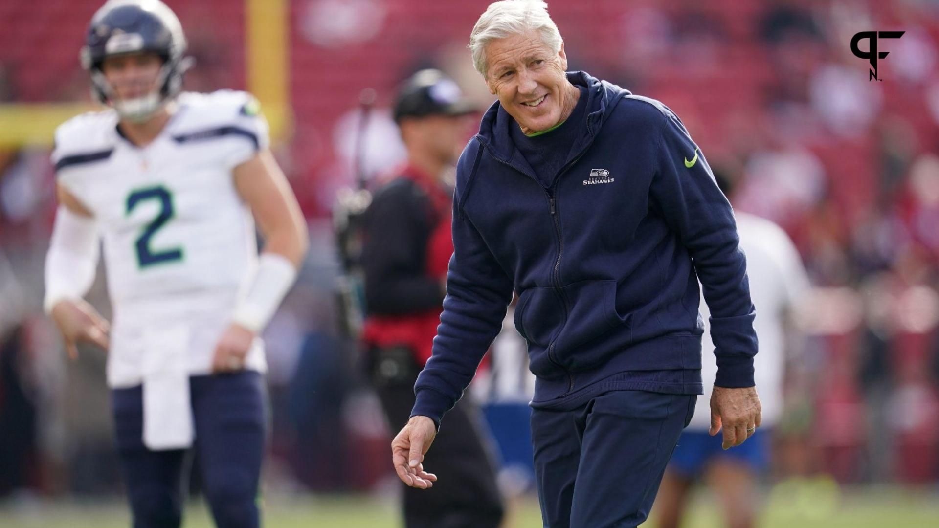 Seattle Seahawks head coach Pete Carroll walks on the field before the start of the game against the San Francisco 49ers at Levi's Stadium.