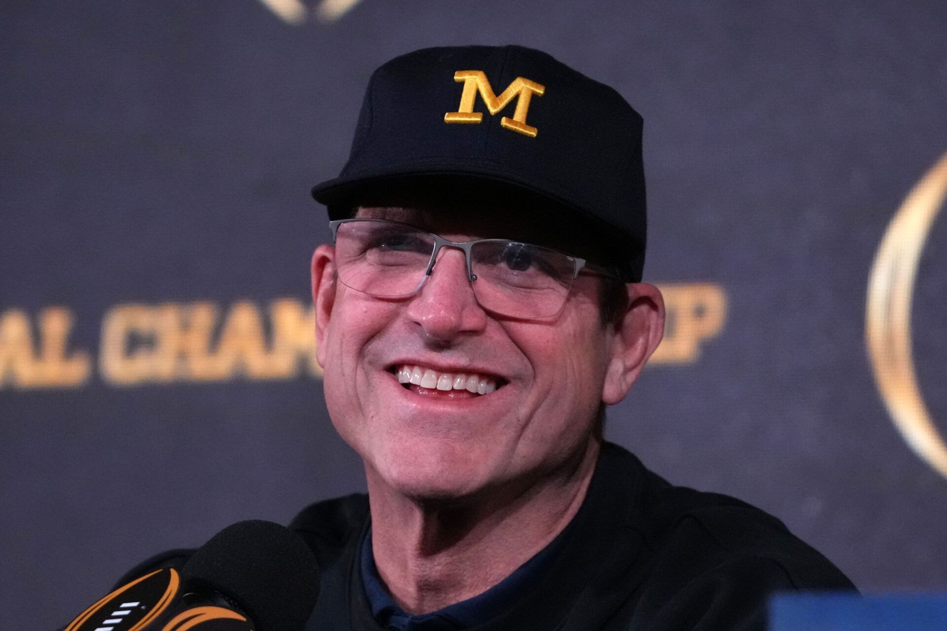 Michigan Wolverines coach Jim Harbaugh during College Football National Championship press conference at JW Marriot Houston by the Galleria.