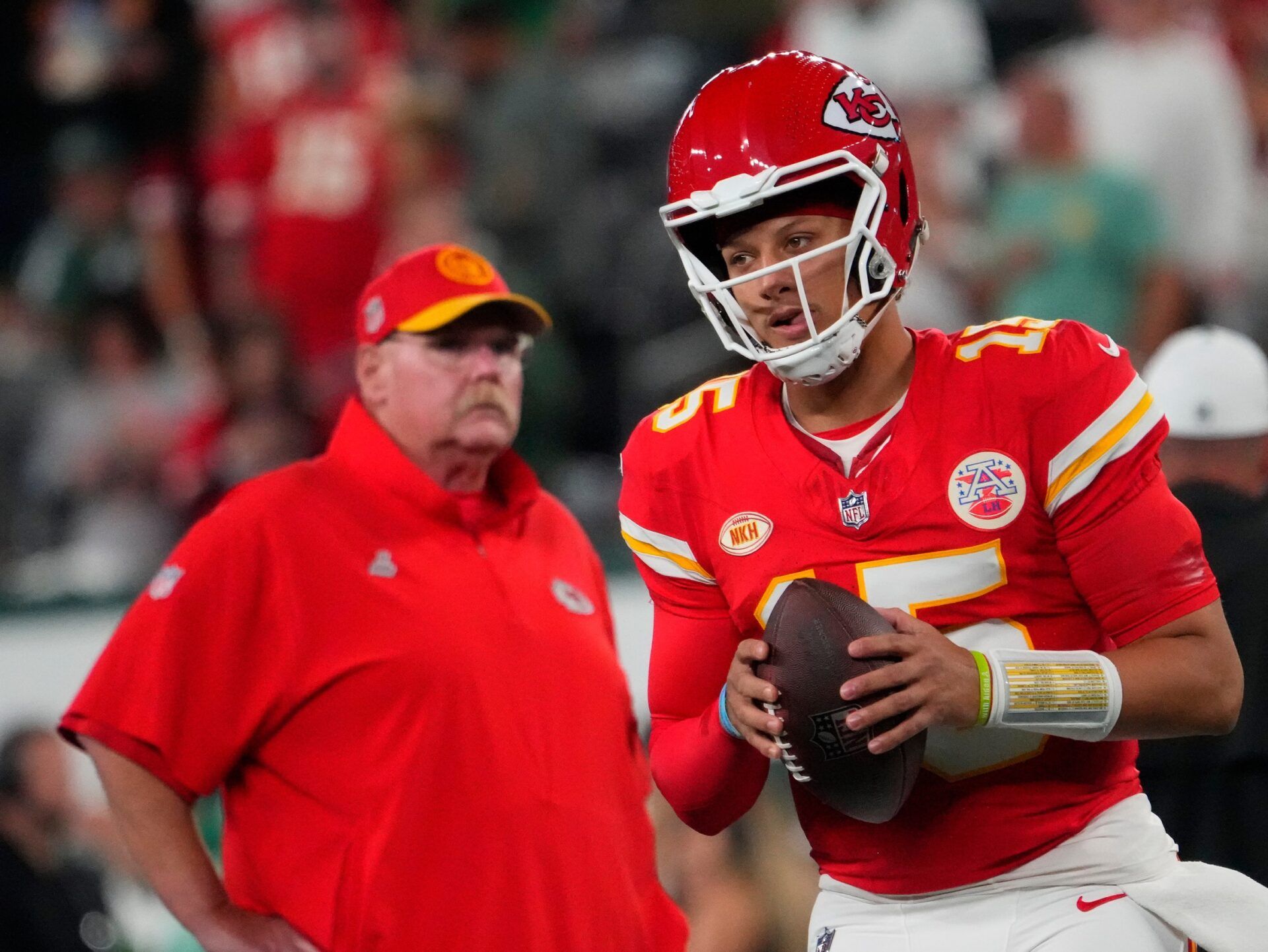 Kansas City Chiefs quarterback Patrick Mahomes (15) and Kansas City Chiefs head coach Andy Reid pre game against the Jets at MetLife Stadium.