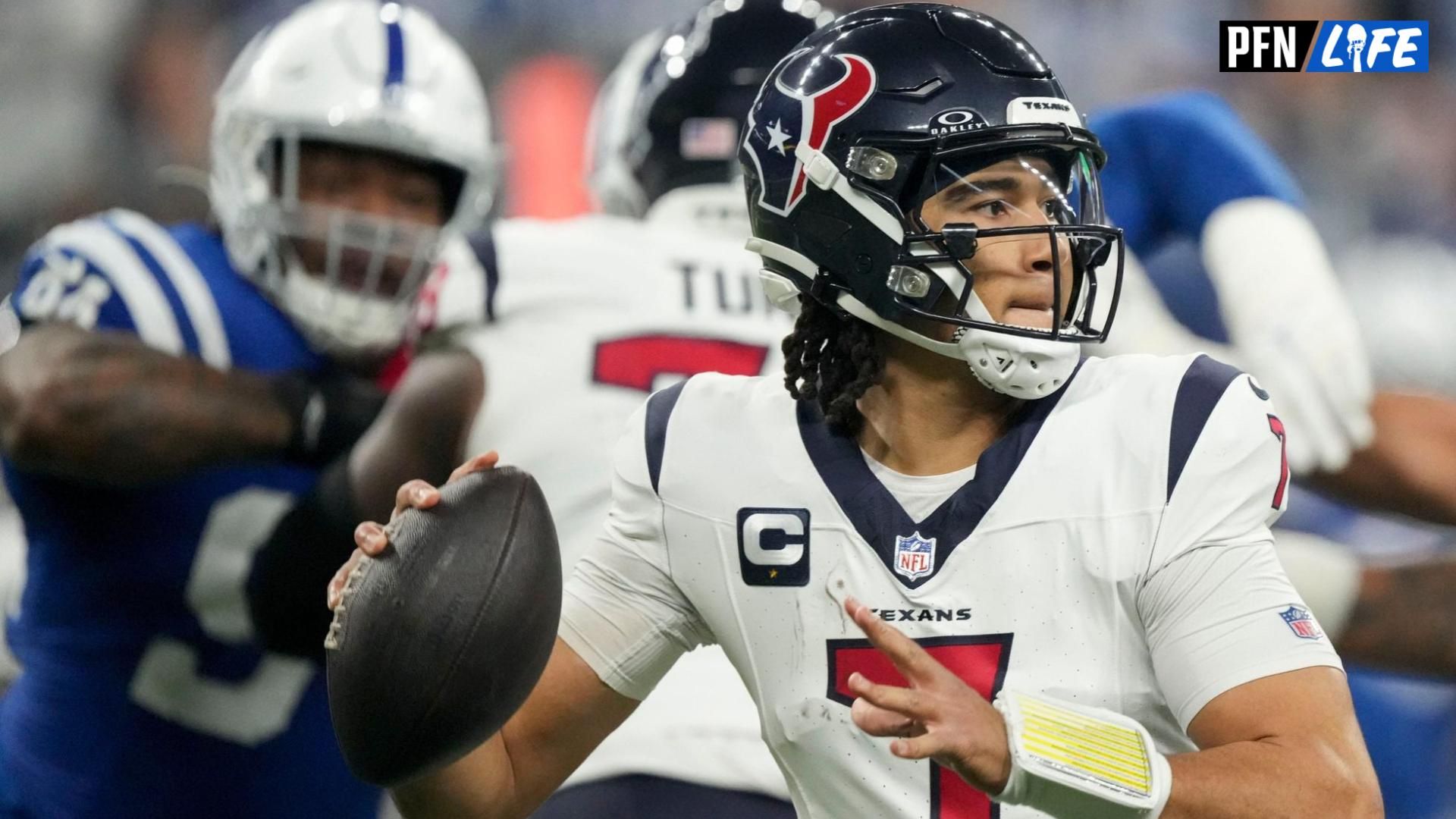 Houston Texans quarterback C.J. Stroud (7) draws back to pass Saturday, Jan. 6, 2024, during a game against the Houston Texans at Lucas Oil Stadium in Indianapolis.