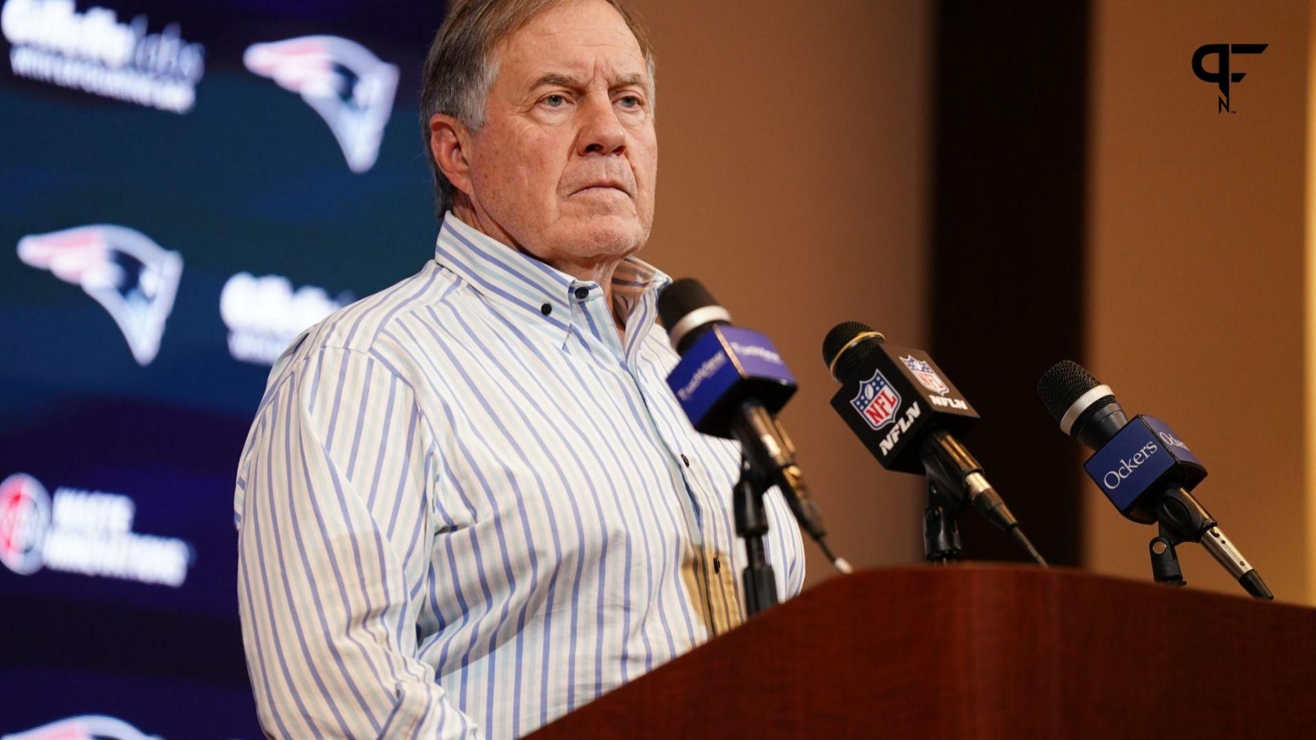 New England Patriots head coach Bill Belichick talks to reporters after the game against the New York Jets at Gillette Stadium.