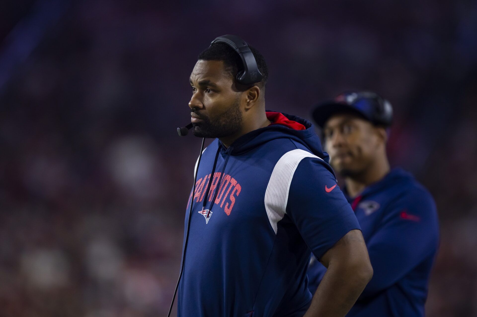 New England Patriots LBs coach Jerod Mayo on the sidelines during a game against the Arizona Cardinals.