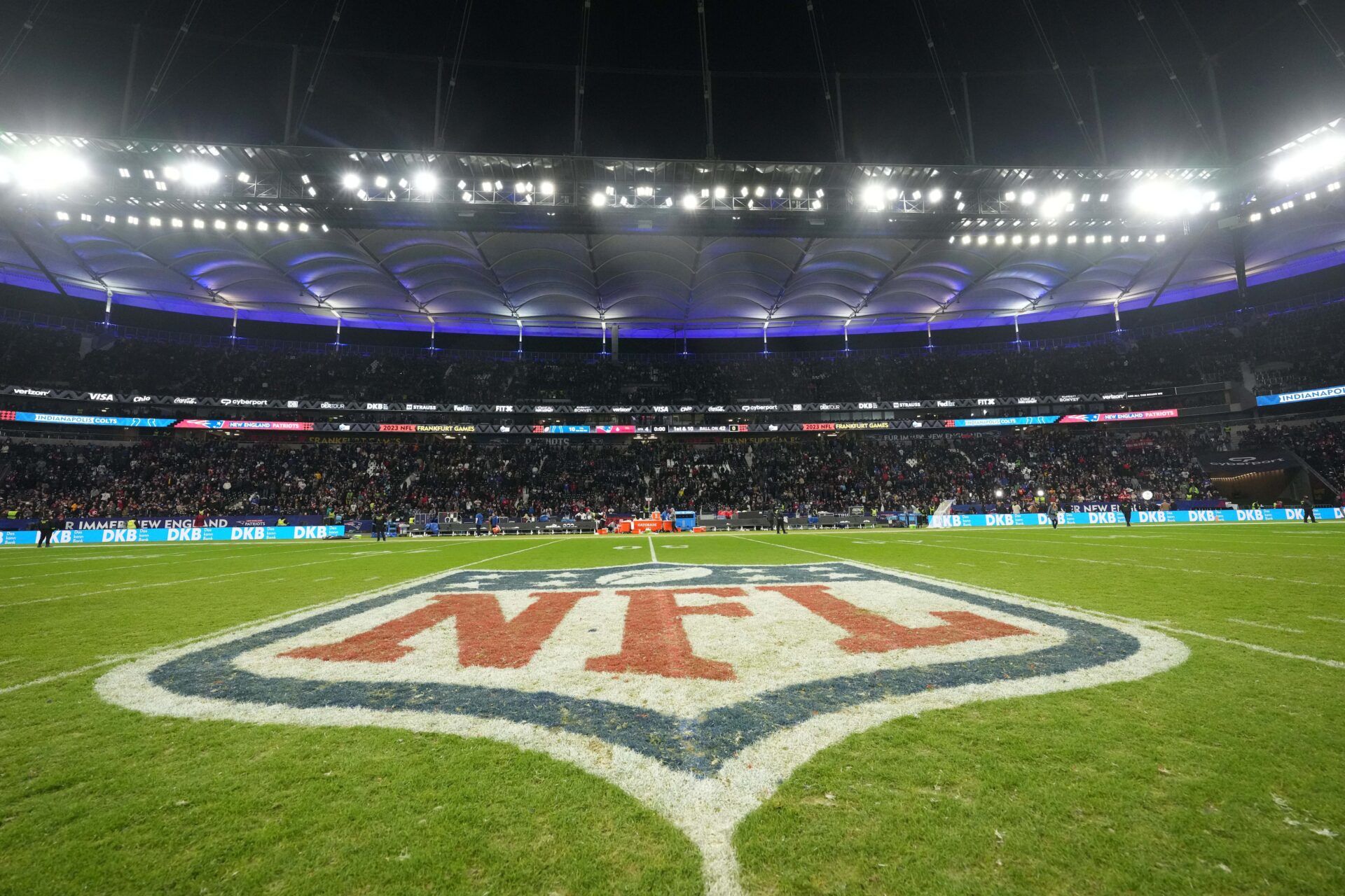 The NFL shield logo at midfield during an NFL International Series Game at Deutsche Bank Park.