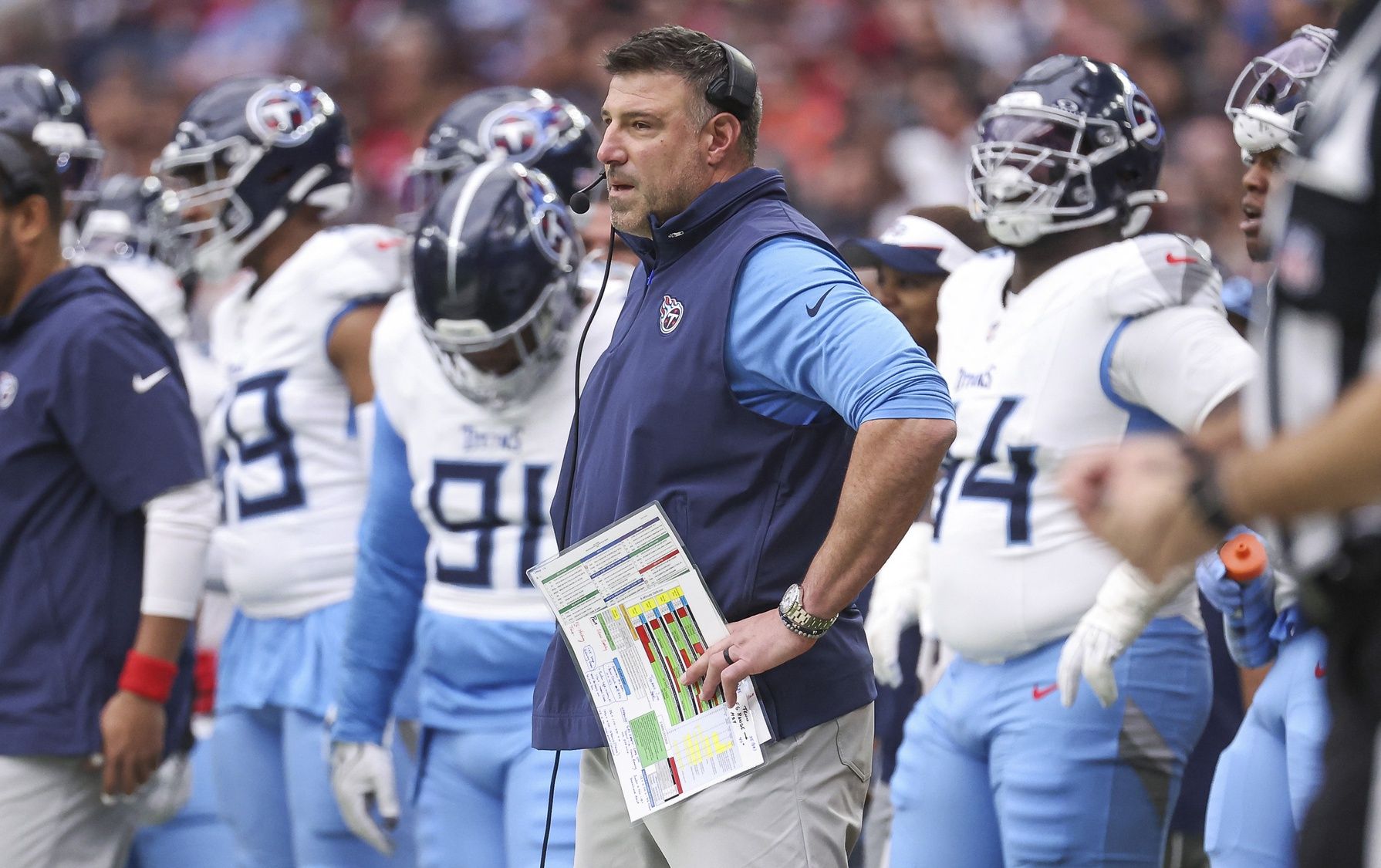 Tennessee Titans head coach Mike Vrabel on the sidelines during the team's game against the Houston Texans.