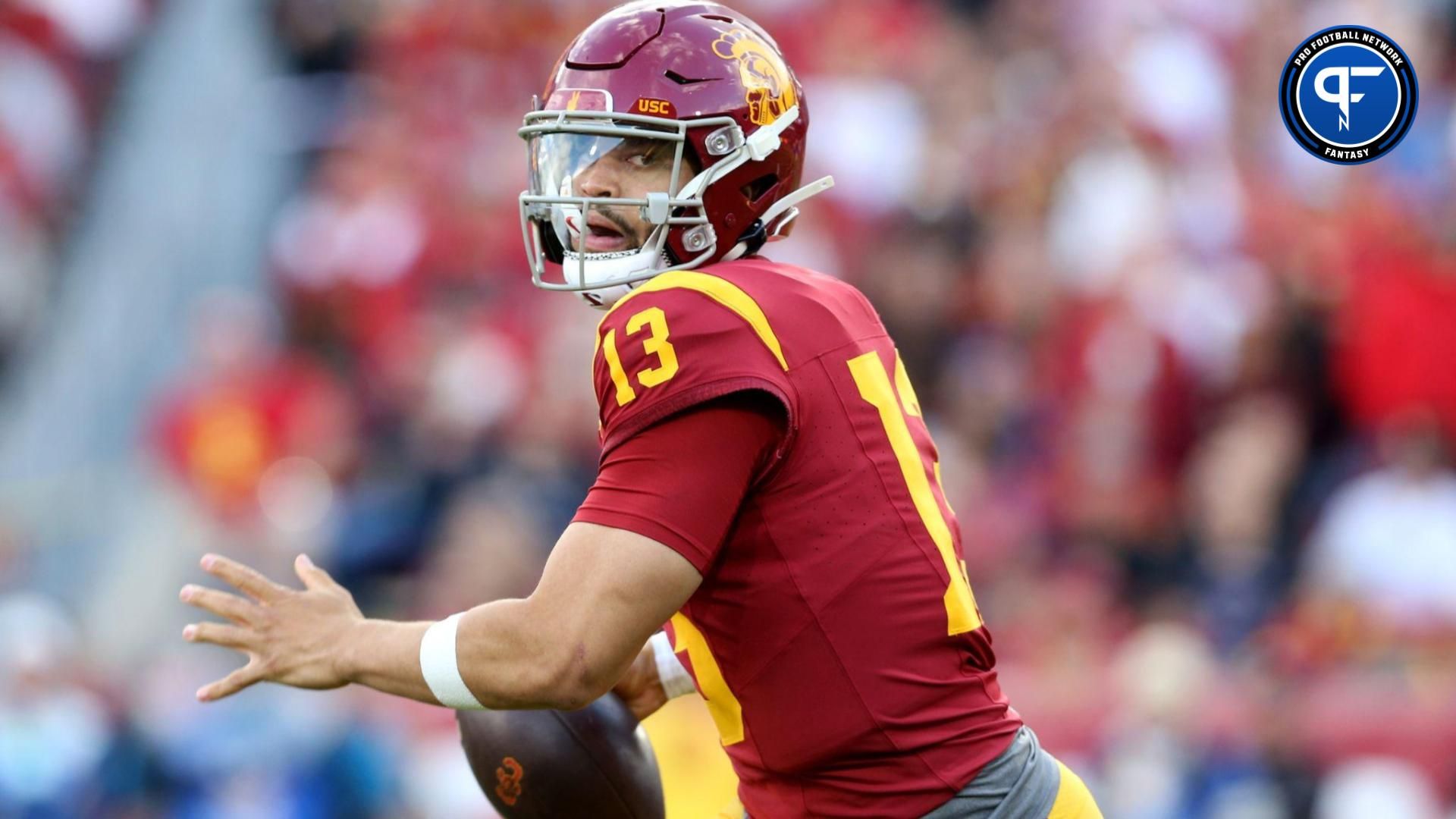 USC Trojans quarterback Caleb Williams (13) throws during the second quarter against the UCLA Bruins at United Airlines Field at Los Angeles Memorial Coliseum.