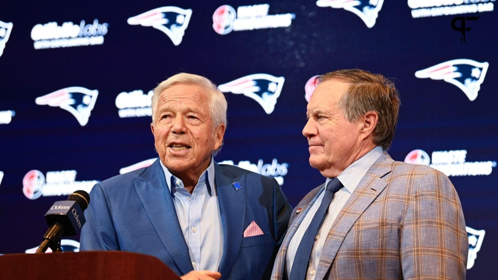 New England Patriots owner Robert Kraft (left) and Patriots former head coach Bill Belichick (right) and hold a press conference at Gillette Stadium to announce Belichick's exit from the team