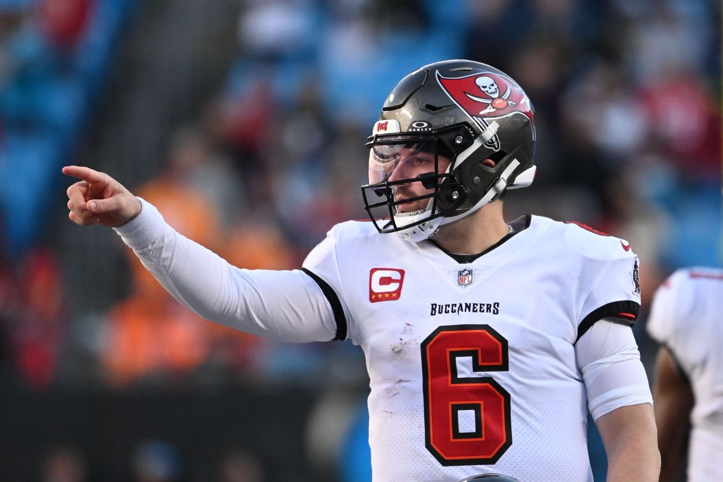 Tampa Bay Buccaneers quarterback Baker Mayfield (6) on the field in the fourth quarter at Bank of America Stadium.