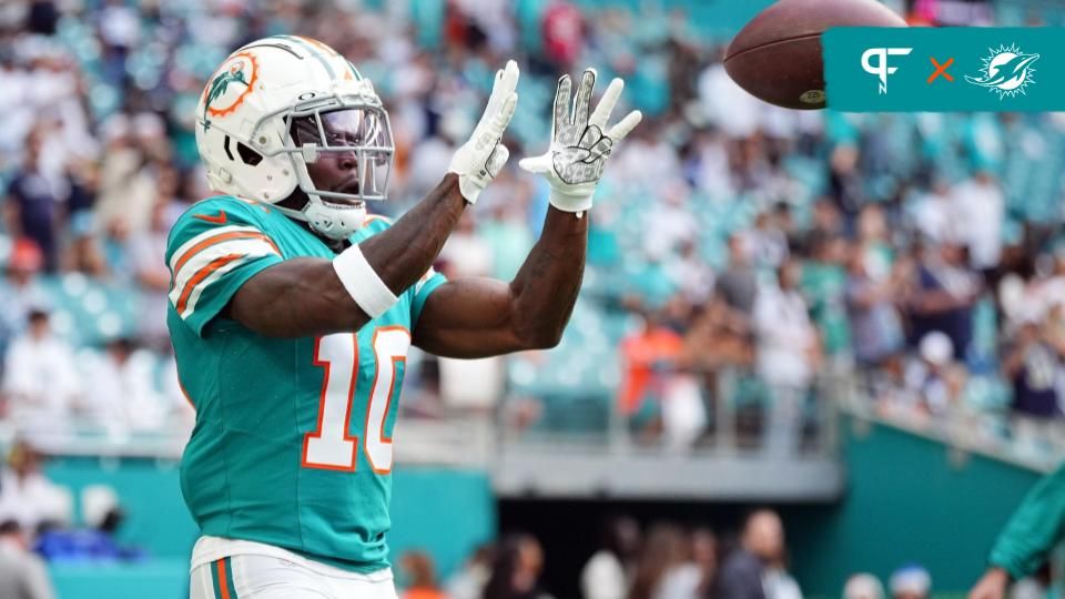 Miami Dolphins wide receiver Tyreek Hill (10) warms up prior to the game against the Dallas Cowboys at Hard Rock Stadium.