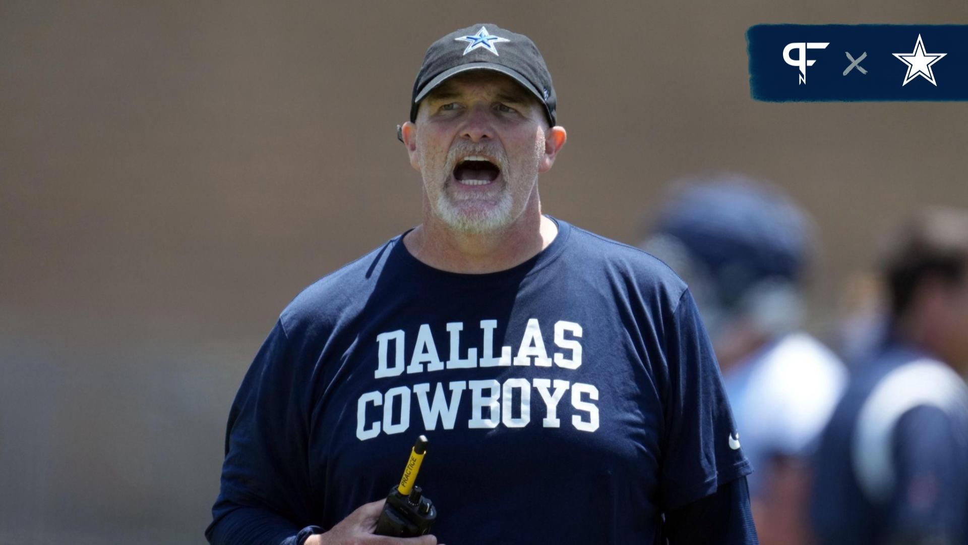 Dallas Cowboys defensive coordinator Dan Quinn reacts during training camp at the River Ridge Fields.