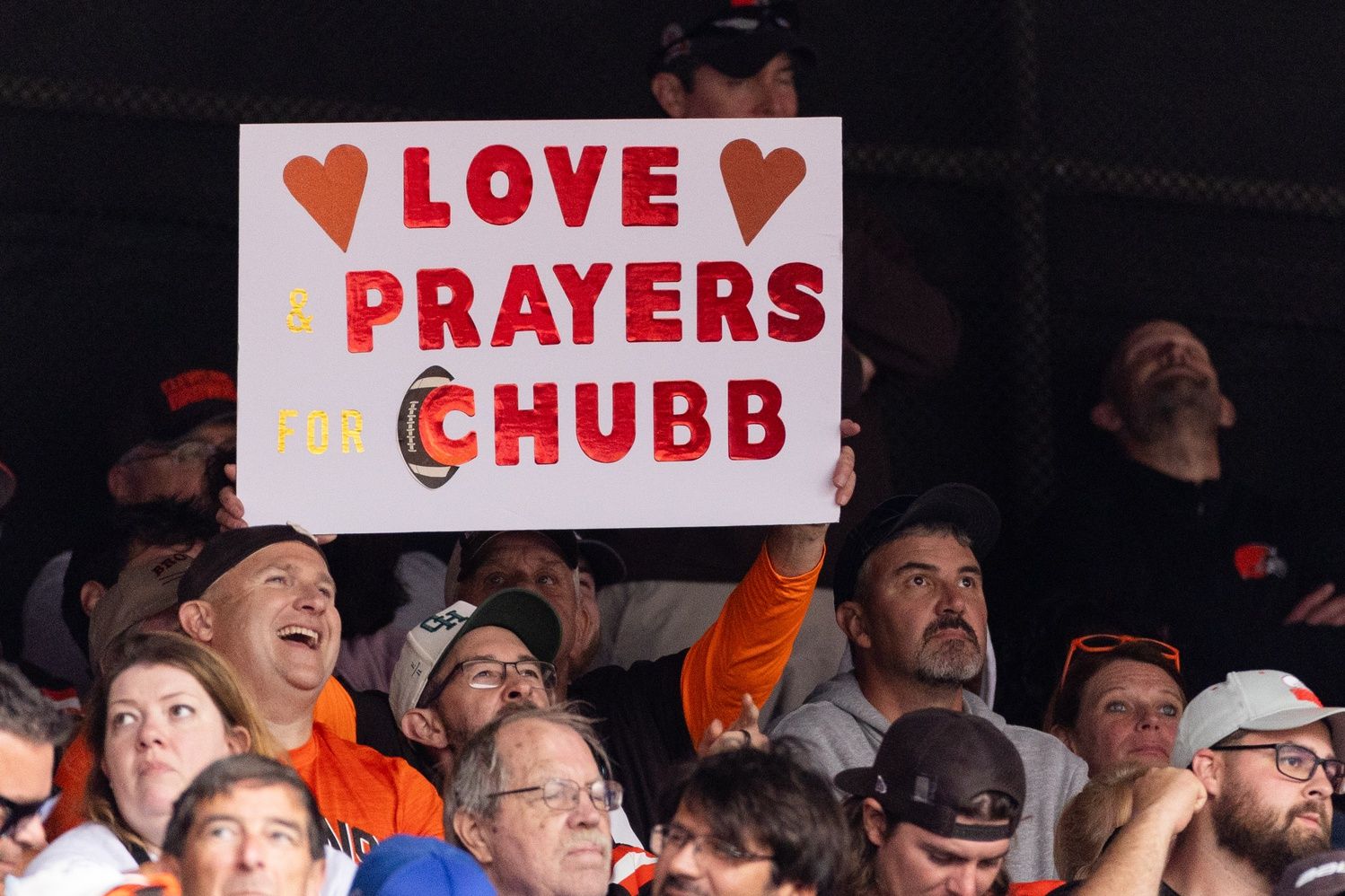 A Cleveland Browns holds up a sign for injured running back Nick Chubb (24) during the third quarter against the Tennessee Titans at Cleveland Browns Stadium. Chubb is out for the remainder of the season with an MCL tear.