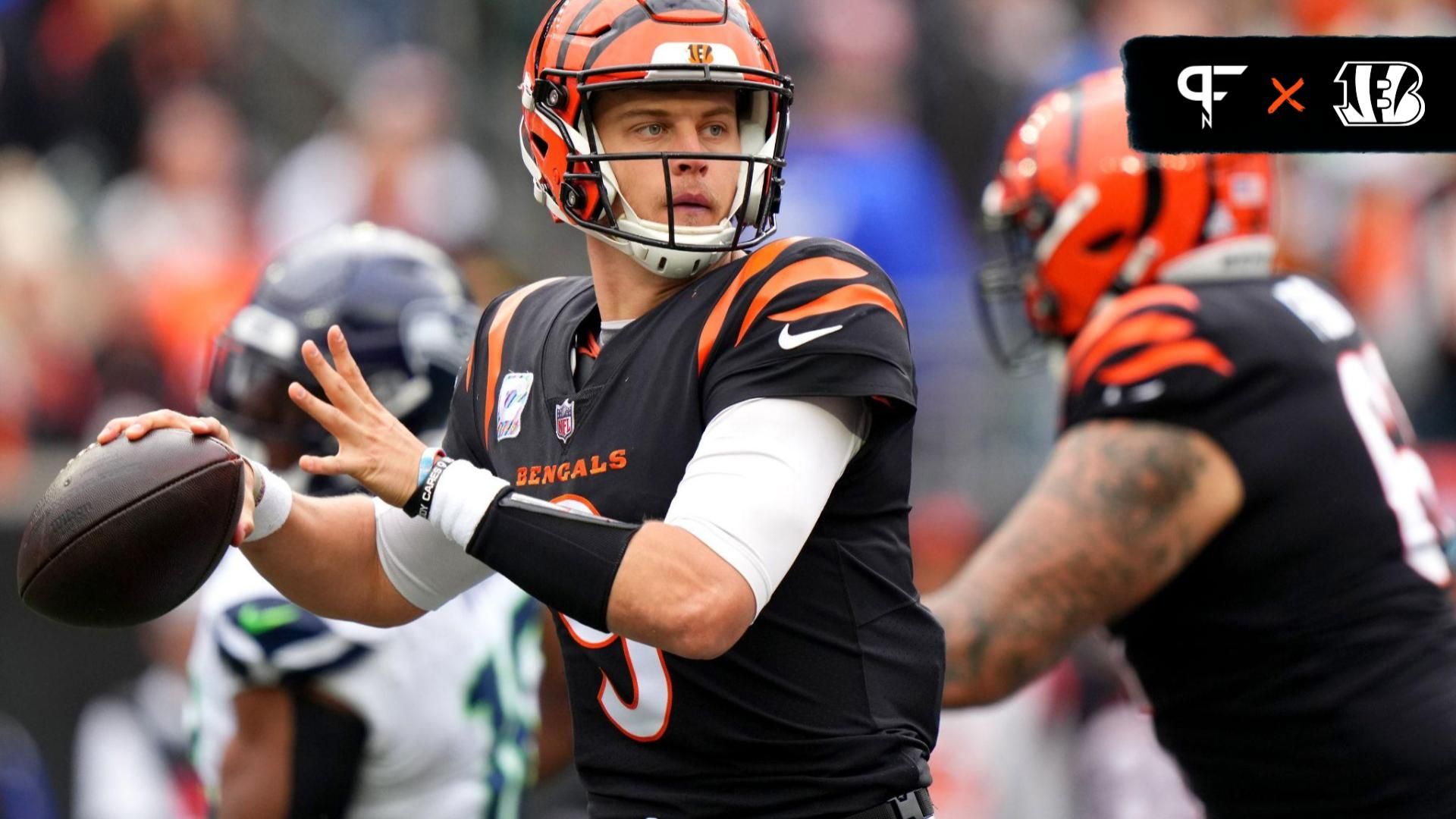 Cincinnati Bengals quarterback Joe Burrow (9) throws in the fourth quarter against the Seattle Seahawks at Paycor Stadium.