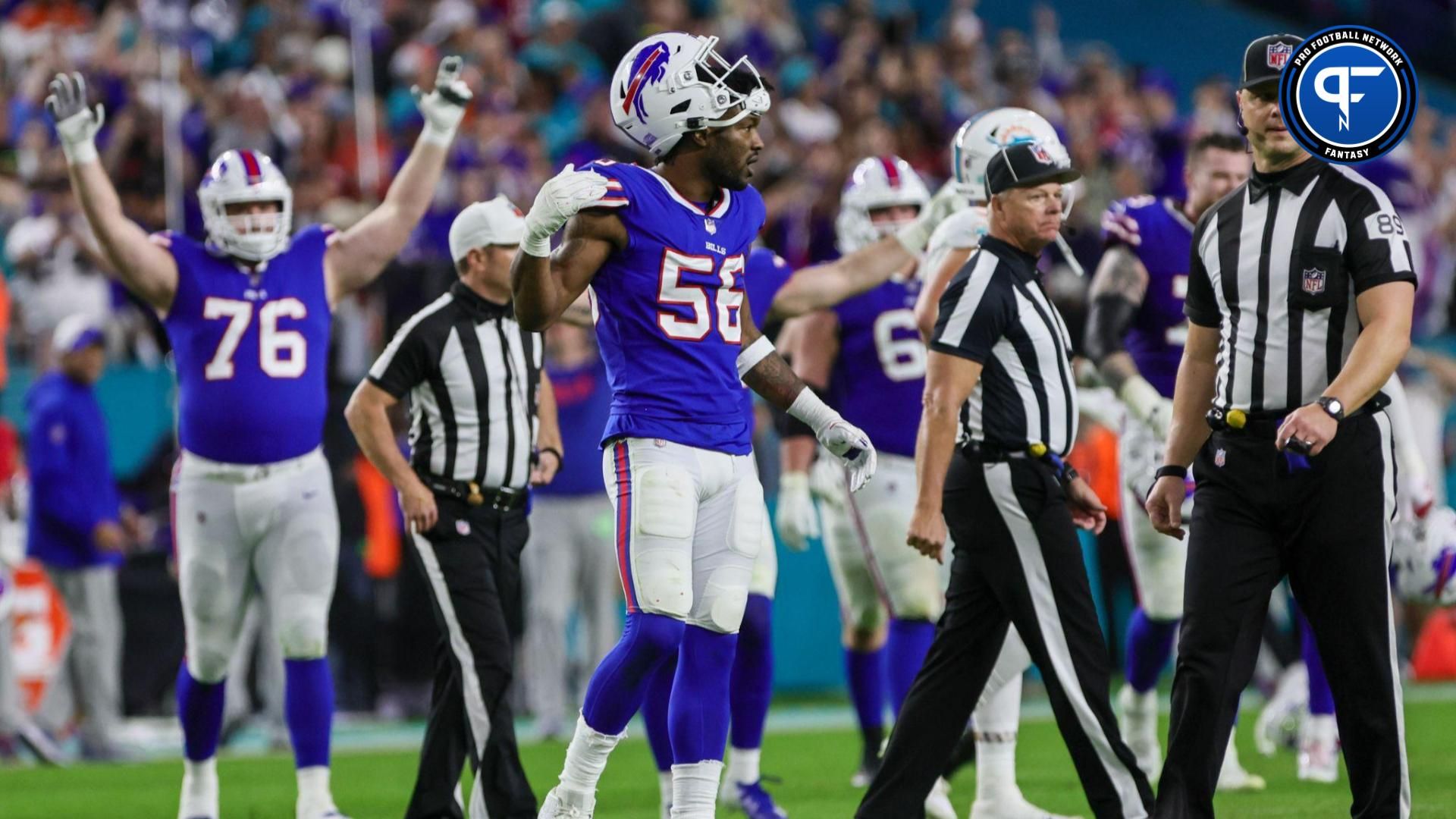 Buffalo Bills defensive end Leonard Floyd (56) celebrates after winning the game against the Miami Dolphins at Hard Rock Stadium.