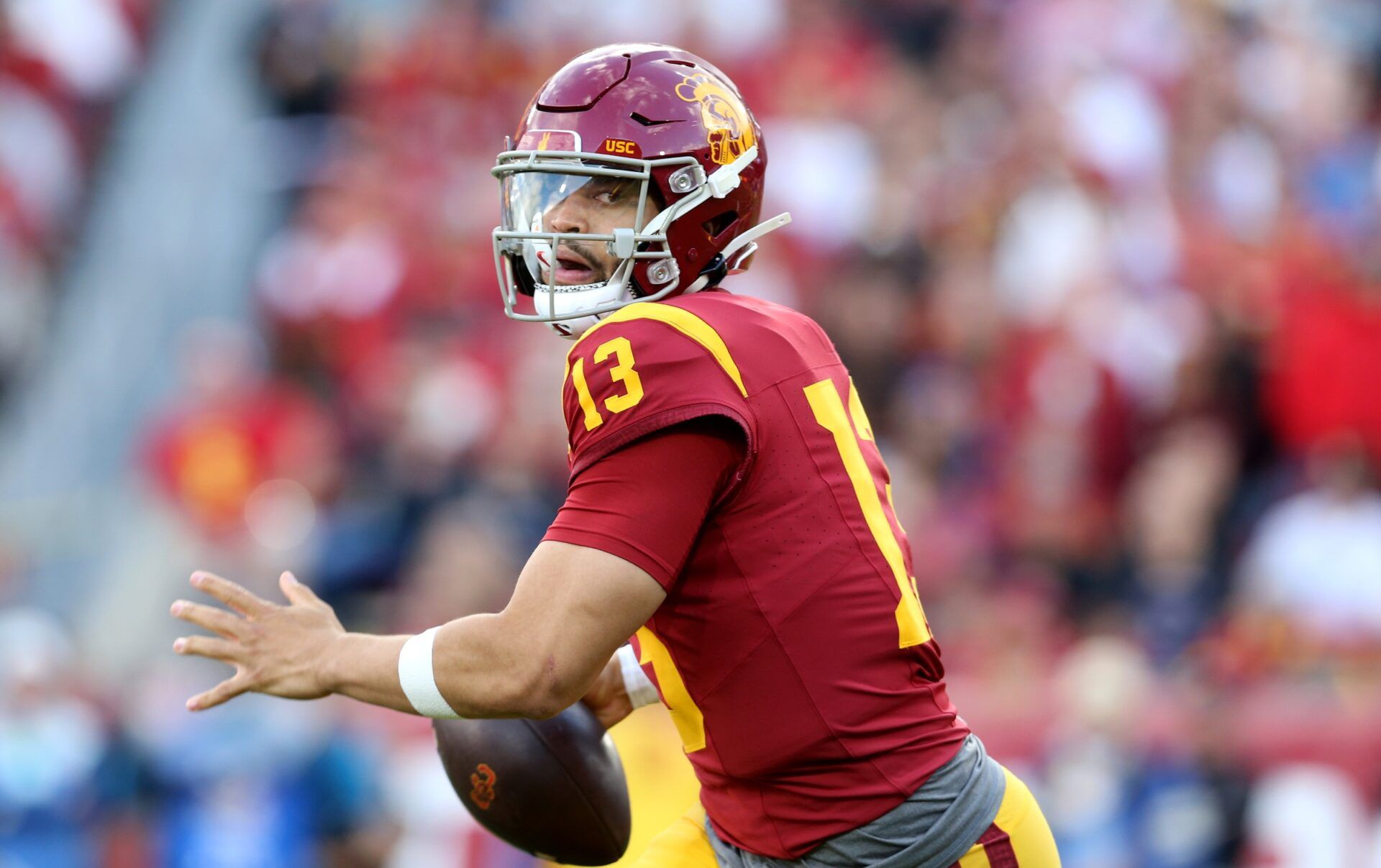 USC Trojans quarterback Caleb Williams (13) throws during the second quarter against the UCLA Bruins at United Airlines Field at Los Angeles Memorial Coliseum.