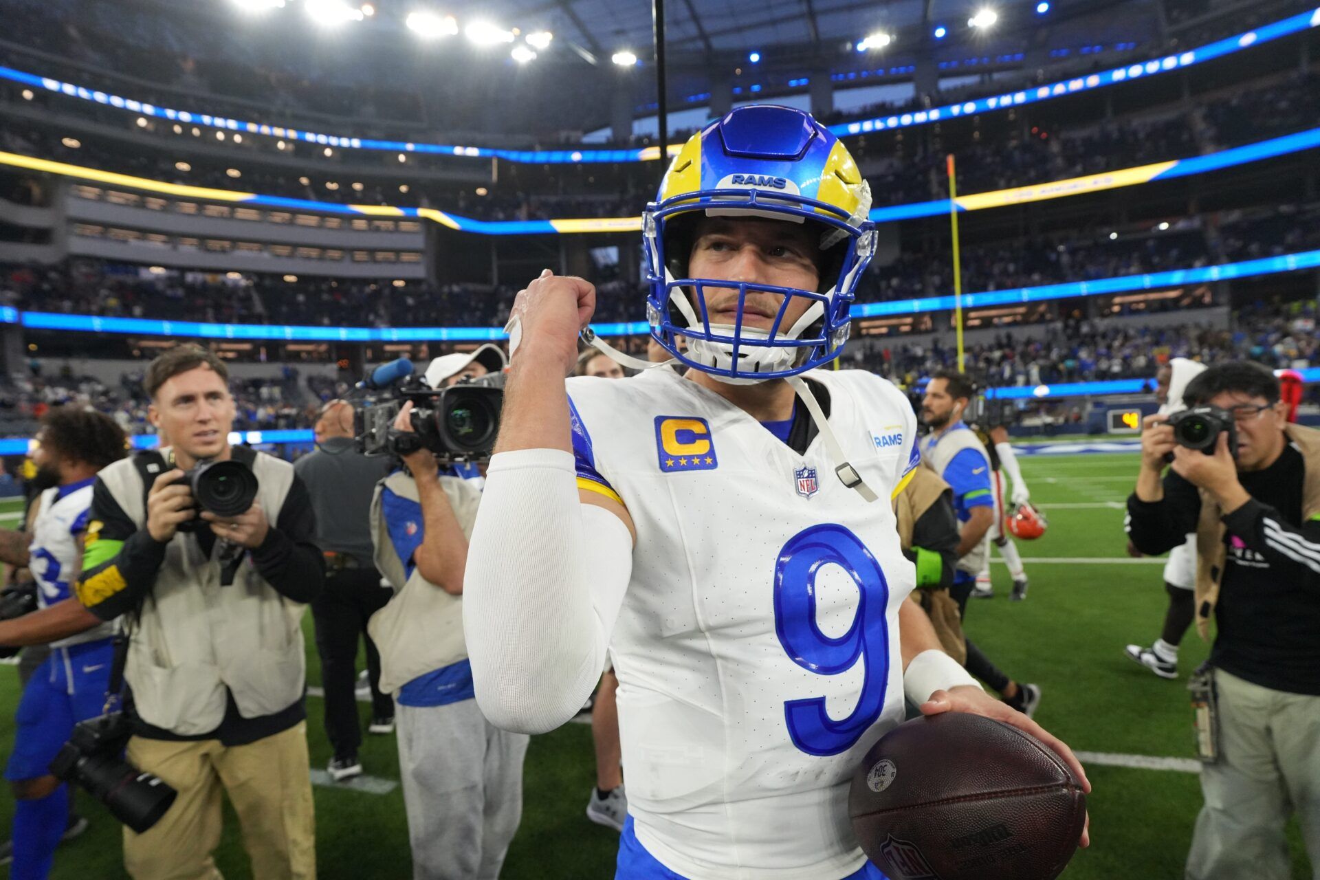 Los Angeles Rams quarterback Matthew Stafford (9) reacts after the game against the Cleveland Browns at SoFi Stadium.