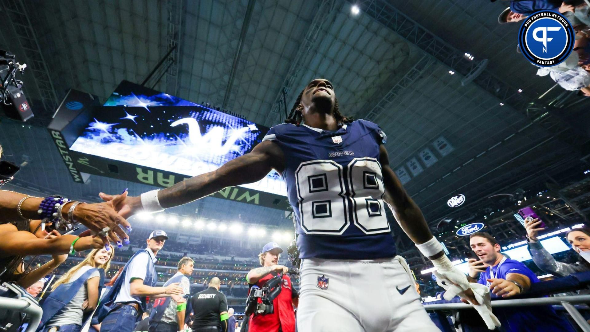 Dallas Cowboys wide receiver CeeDee Lamb (88) celebrates with fans after the game against the Detroit Lions at AT&T Stadium.