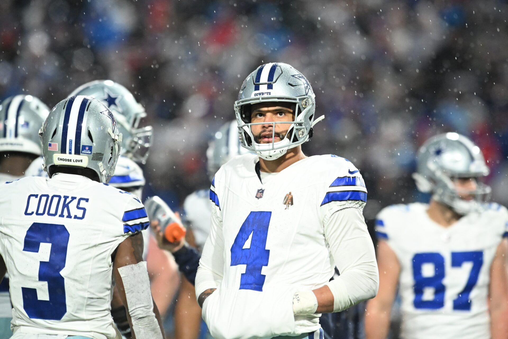 Dallas Cowboys quarterback Dak Prescott (4) looks on in the second half against the Buffalo Bills at Highmark Stadium.