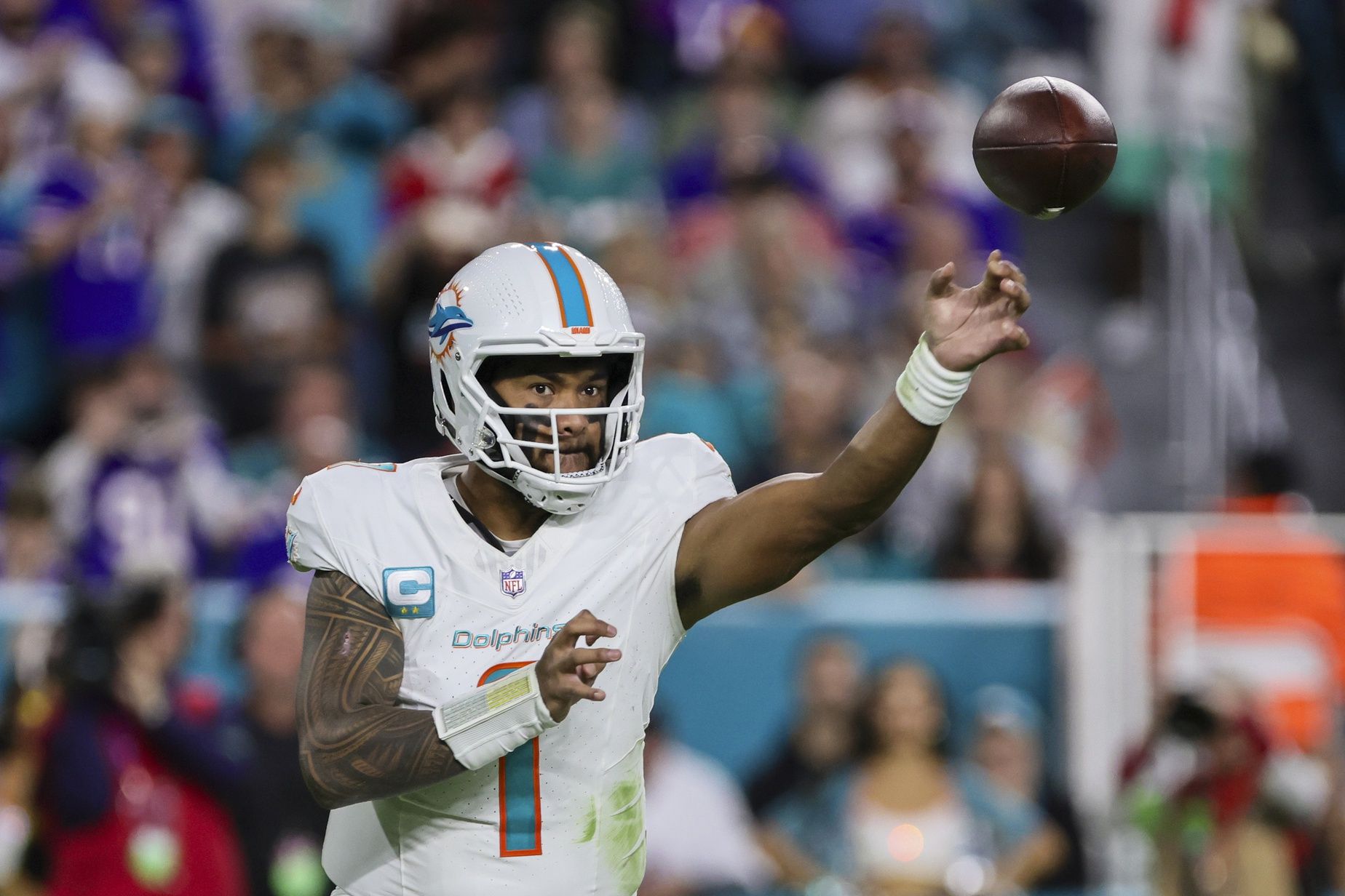 Miami Dolphins quarterback Tua Tagovailoa (1) throws the football against the Buffalo Bills during the third quarter at Hard Rock Stadium.