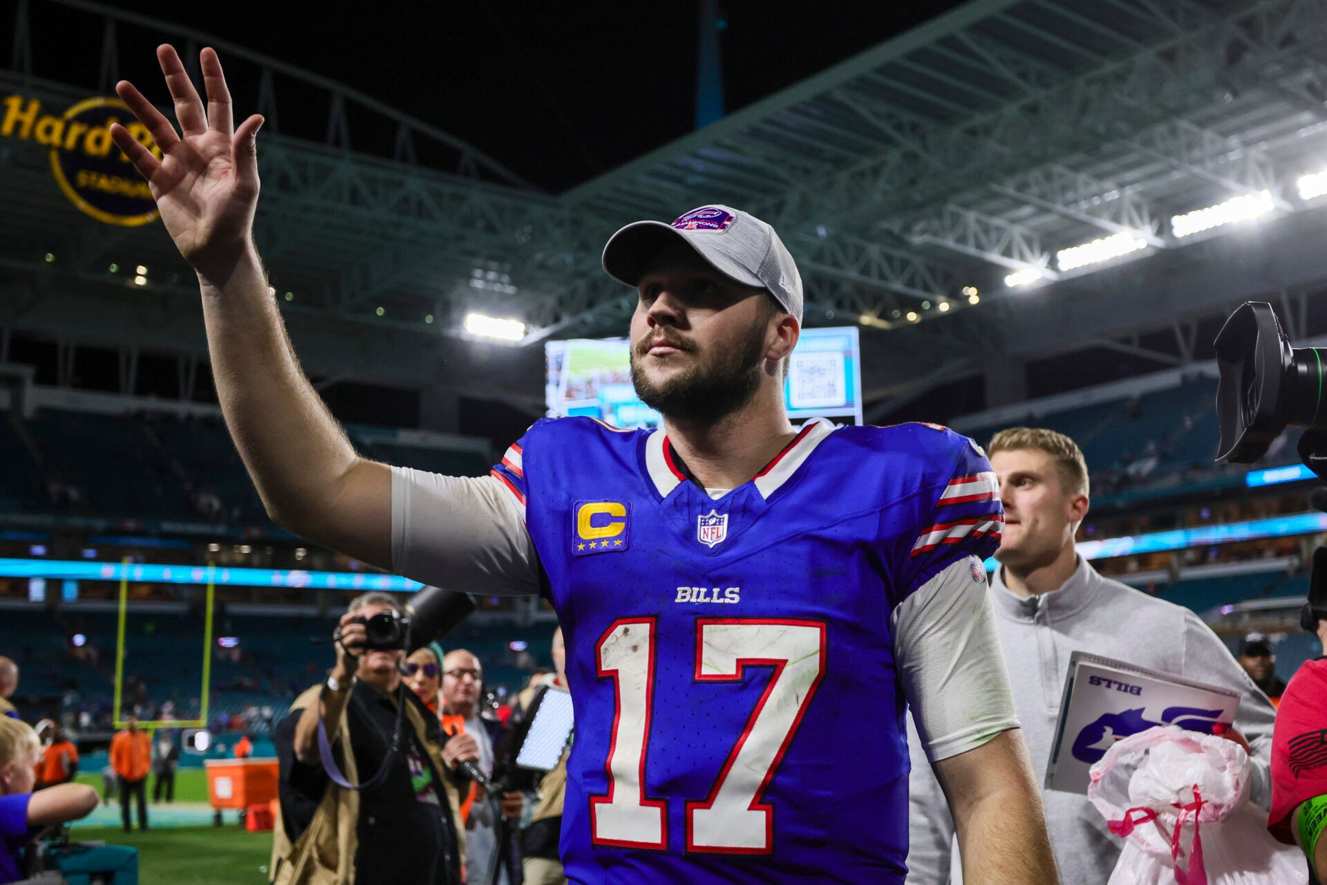 Buffalo Bills quarterback Josh Allen (17) reacts after the game against the Miami Dolphins at Hard Rock Stadium.