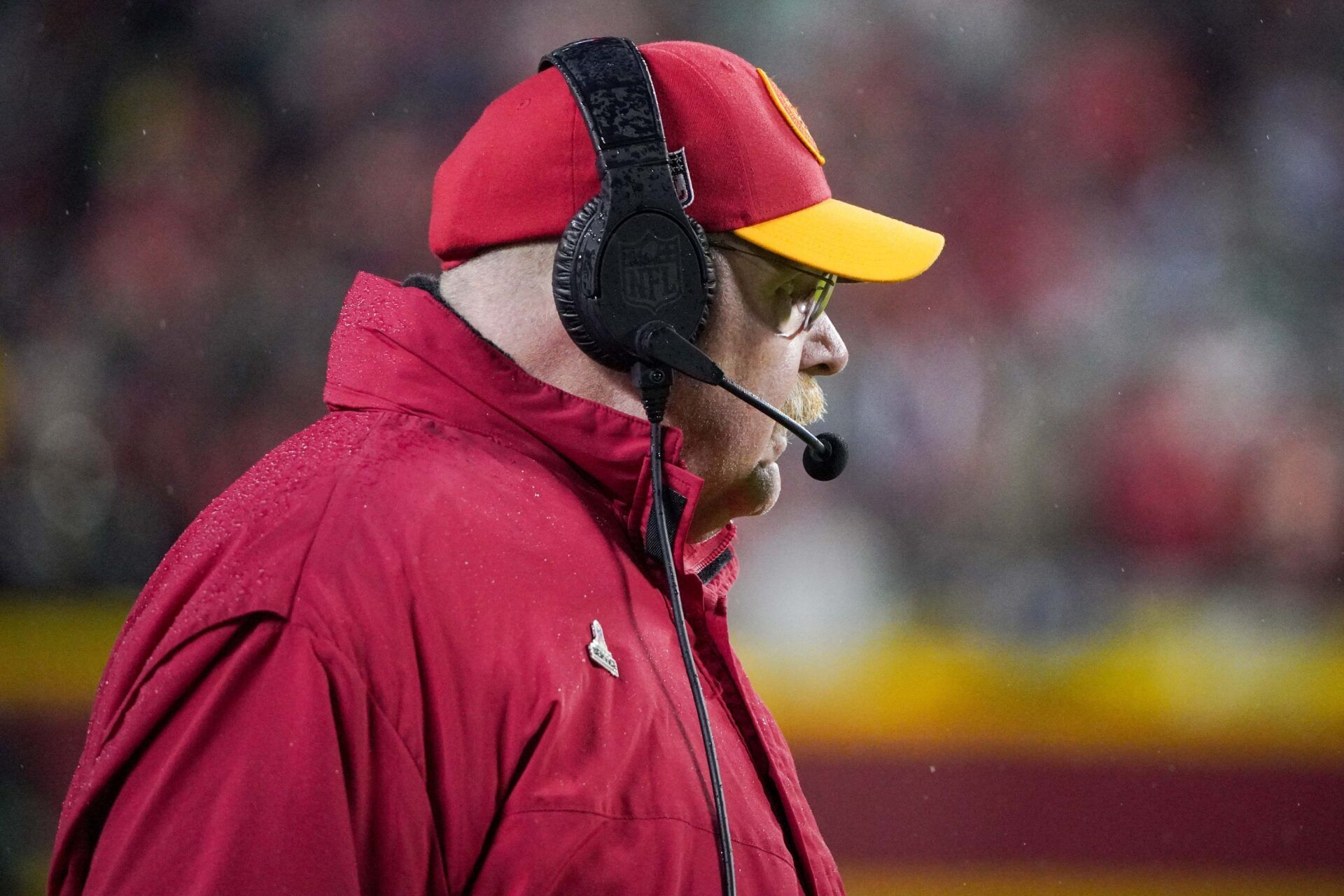 Kansas City Chiefs head coach Andy Reid on the sidelines against the Philadelphia Eagles during the game at GEHA Field at Arrowhead Stadium.