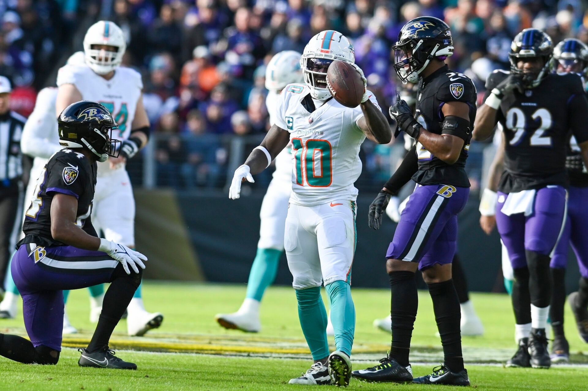 Miami Dolphins wide receiver Tyreek Hill (10) reacts after making a first down against the Baltimore Ravens during the first half at M&T Bank Stadium.