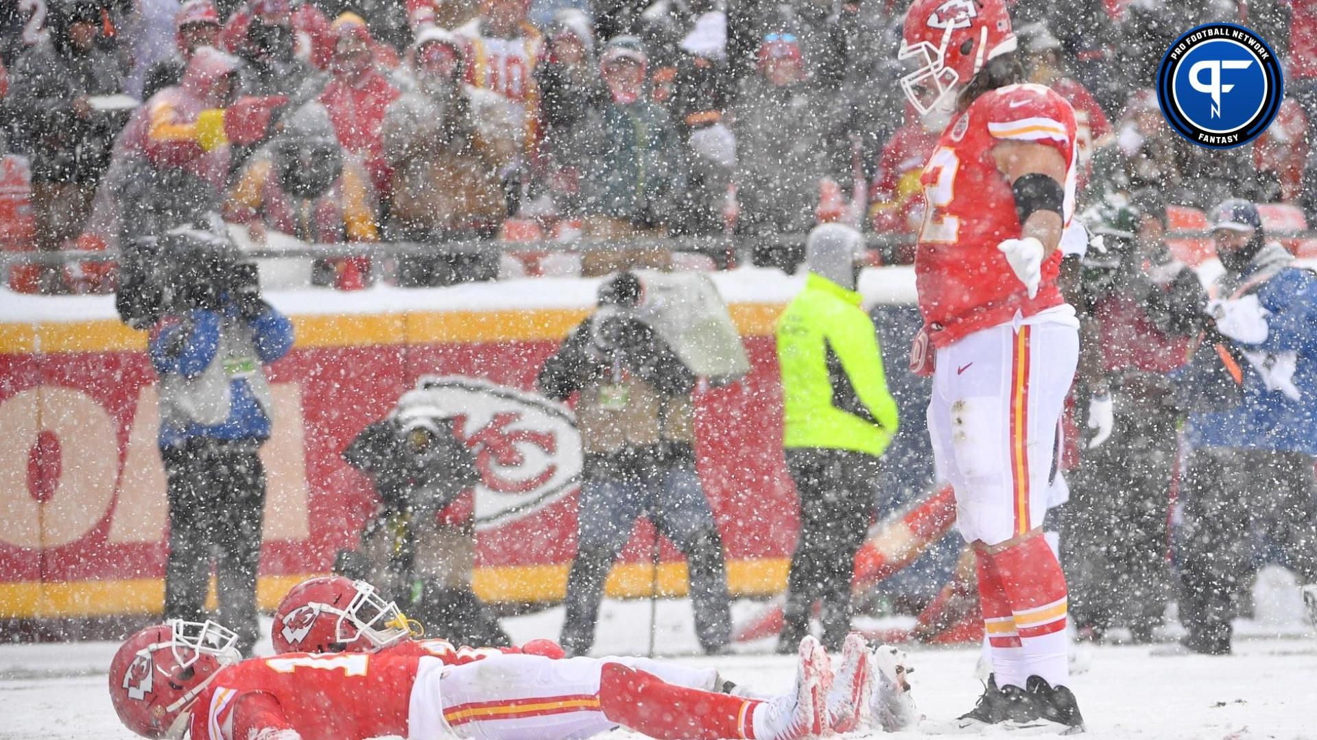 Kansas City Chiefs players in snowy weather.