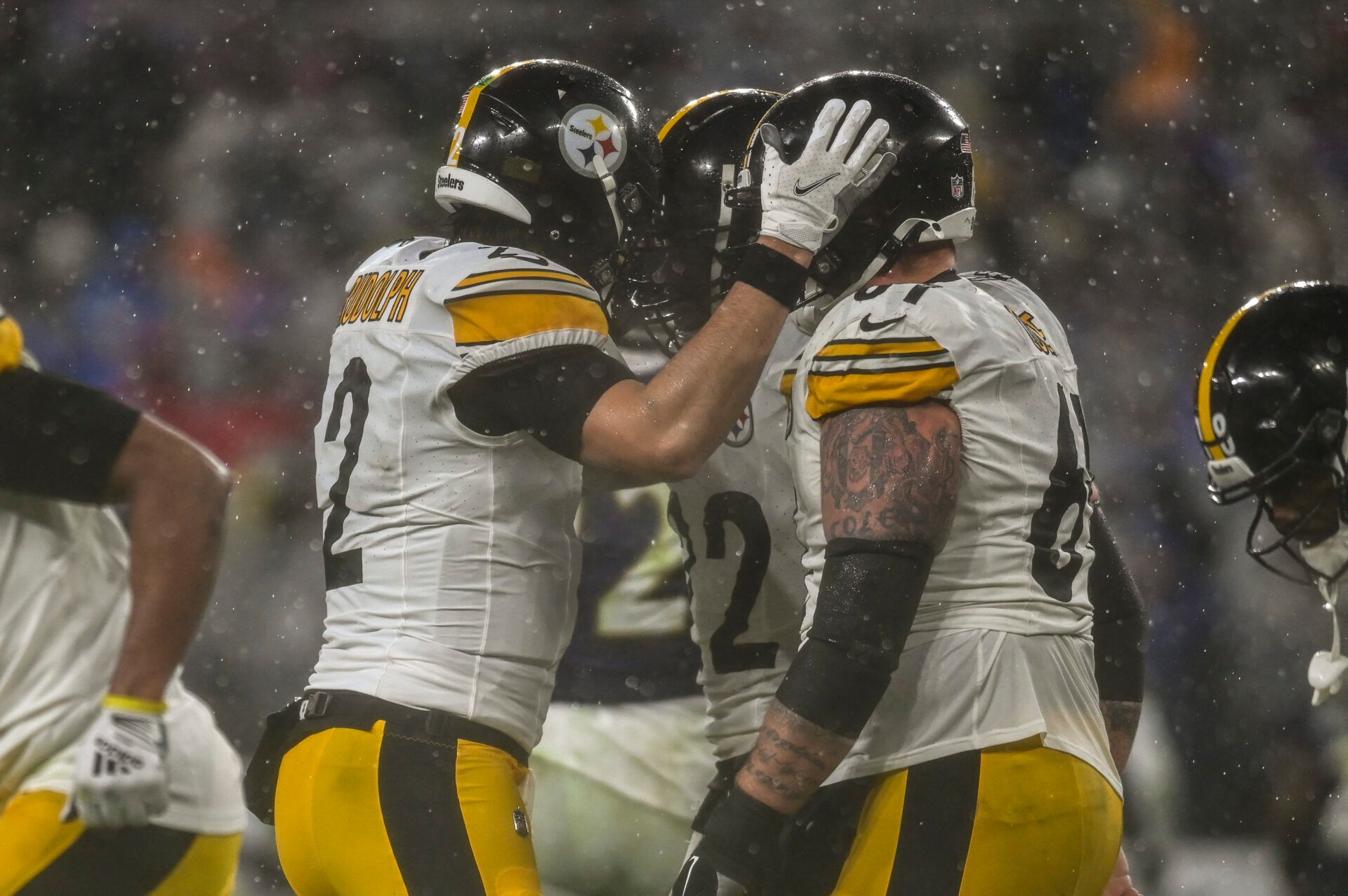 Pittsburgh Steelers quarterback Mason Rudolph (2) celebrates with running back Najee Harris (22) after a first quarter touchdown against the Baltimore Ravens at M&T Bank Stadium.