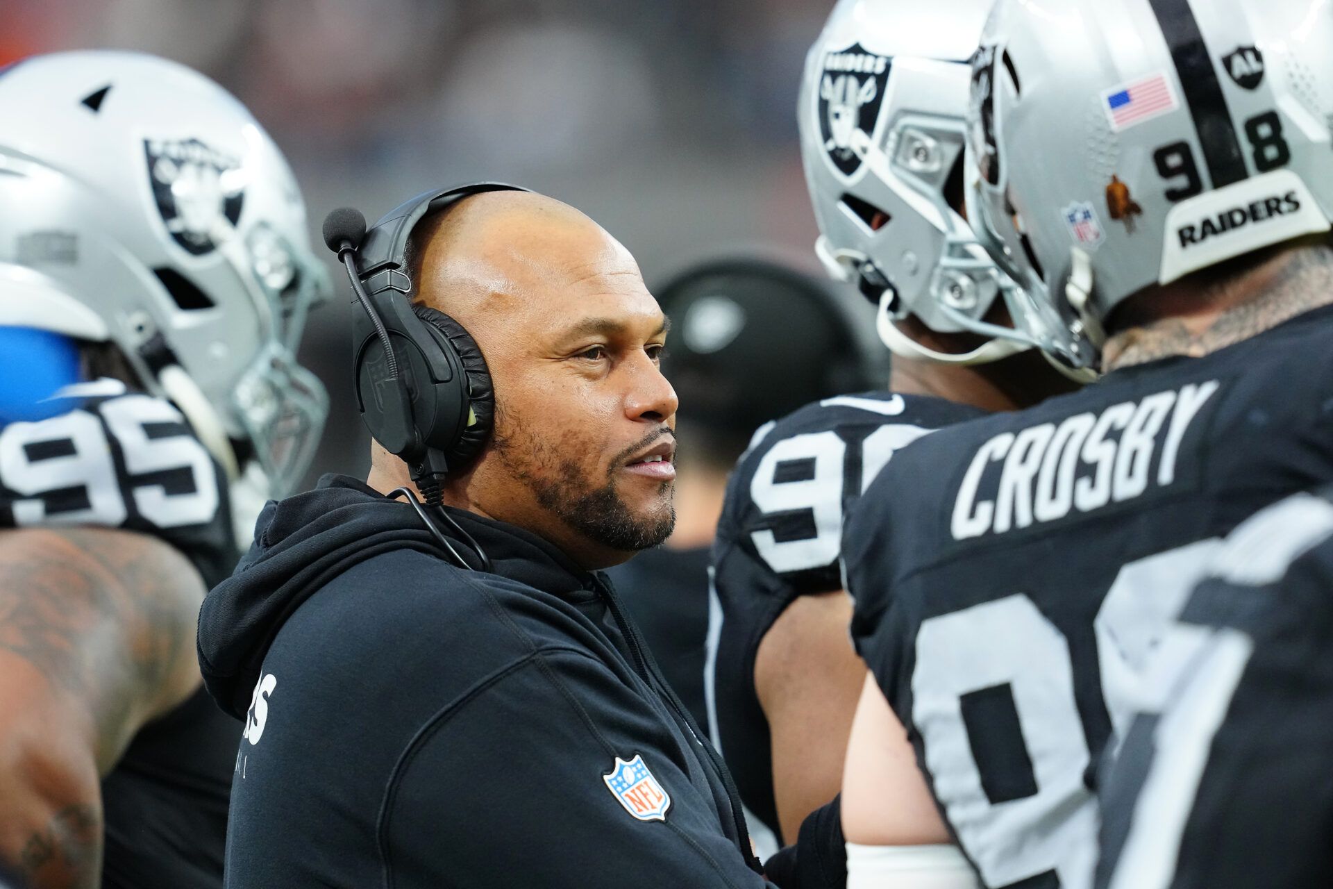 Las Vegas Raiders head coach Antonio Pierce is on the sideline during a game against the Denver Broncos during the first quarter at Allegiant Stadium.