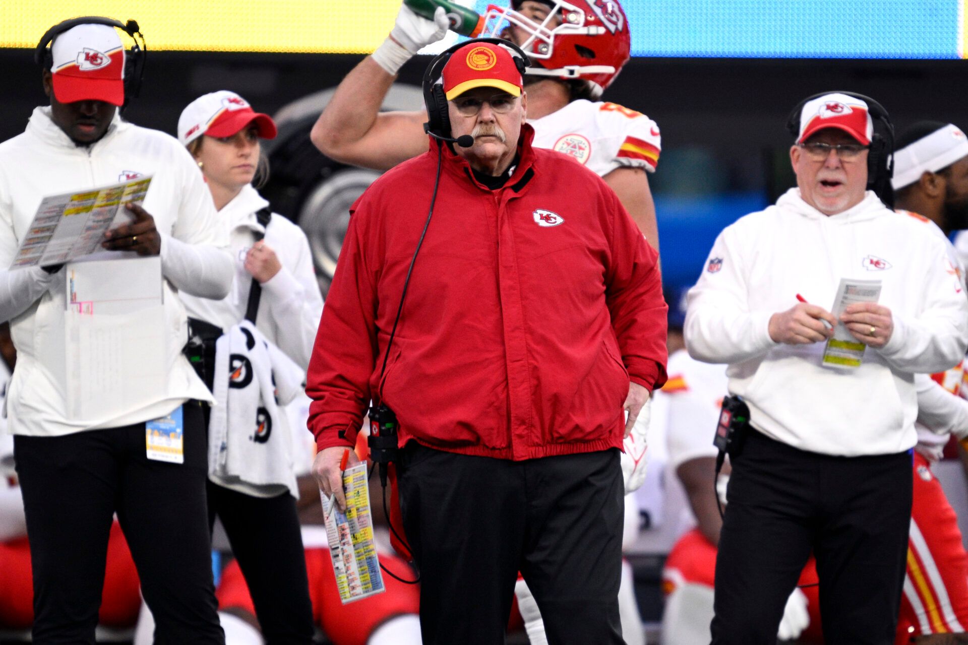 Kansas City Chiefs head coach Andy Reid (center) looks on during the second half against the Los Angeles Chargers at SoFi Stadium.