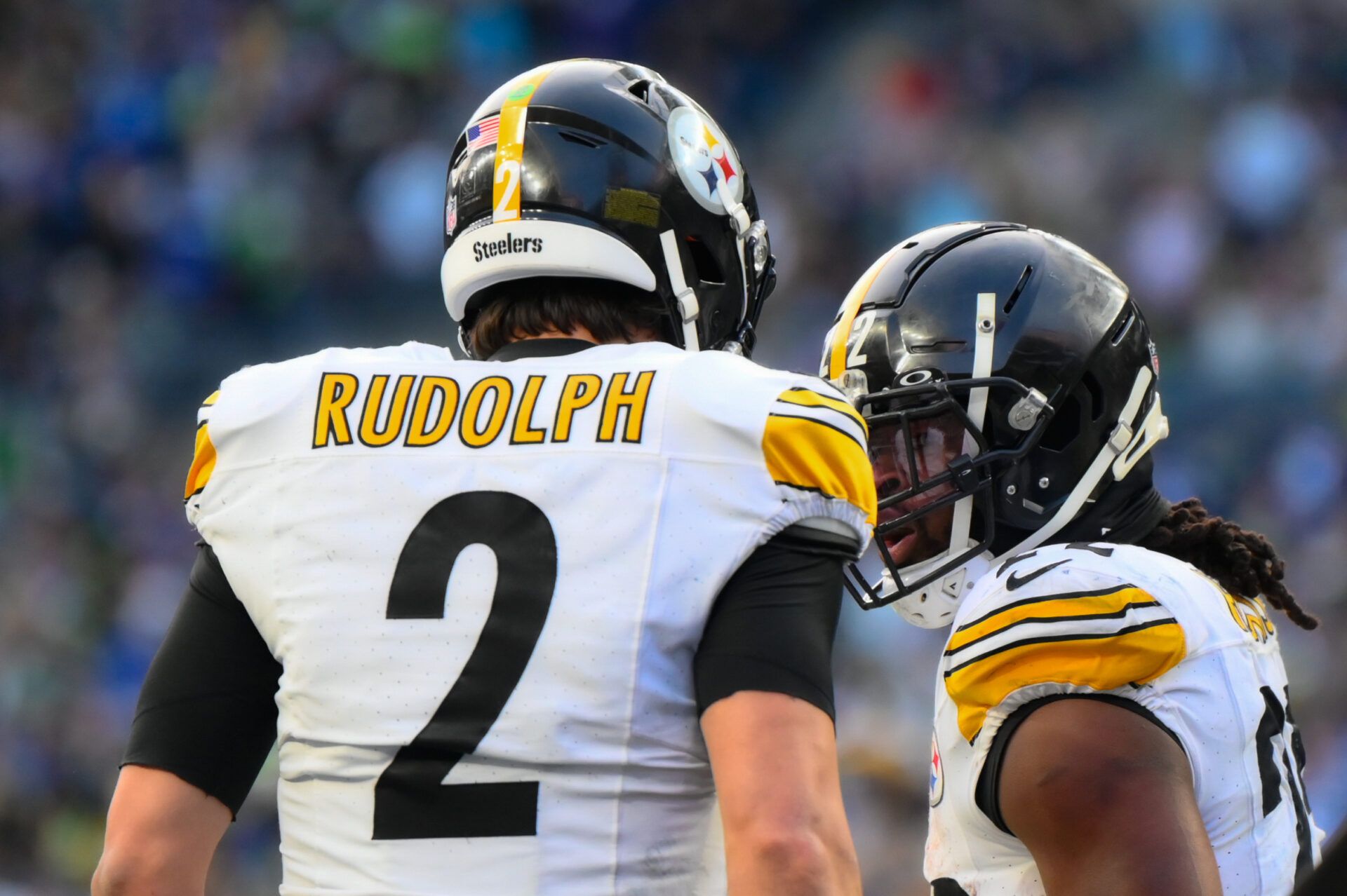 Pittsburgh Steelers quarterback Mason Rudolph (2) and running back Najee Harris (22) celebrate after Harris scored a touchdown against the Seattle Seahawks during the second half at Lumen Field.