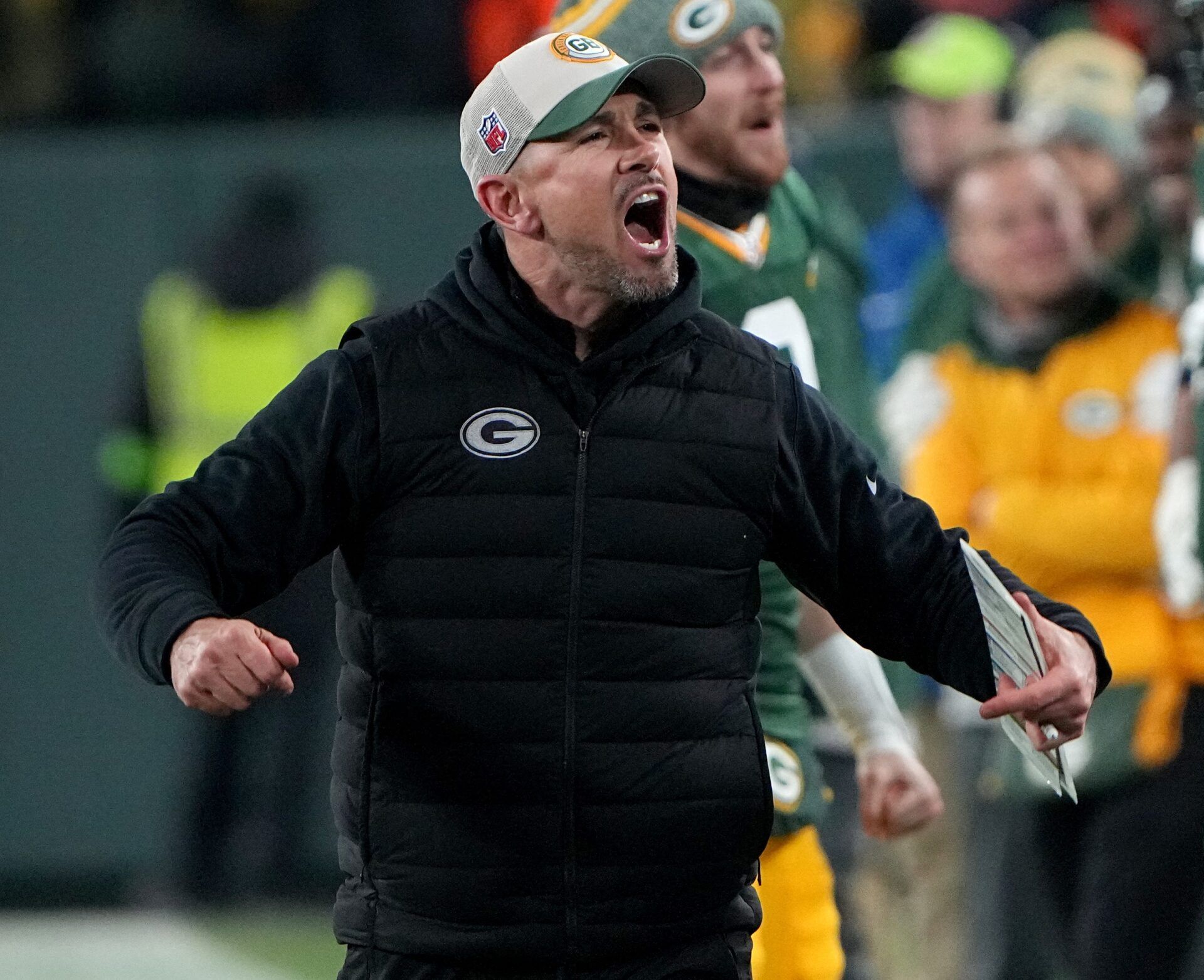 Green Bay Packers head coach Matt LaFleur celebrates as the clock winds down during the fourth quarter of their game Sunday