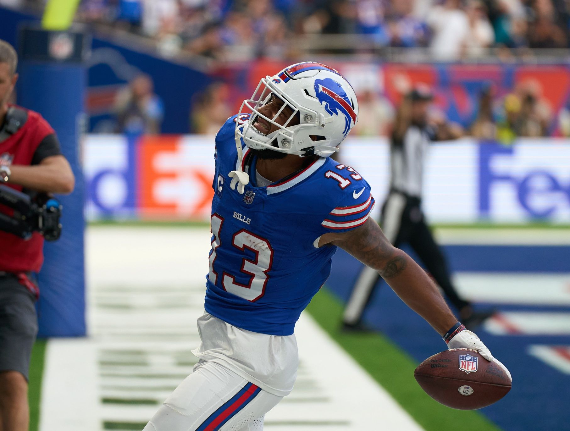 Buffalo Bills wide receiver Gabe Davis (13) celebrates in the end zone during the second half of an NFL International Series game against the Jacksonville Jaguars at Tottenham Hotspur Stadium.