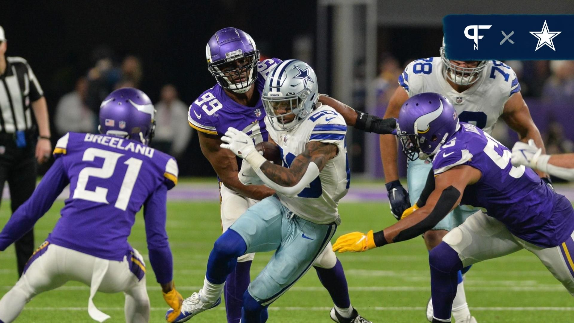 Dallas Cowboys running back Tony Pollard (20) and offensive tackle Terence Steele (78) and Minnesota Vikings defensive end Danielle Hunter (99) and outside linebacker Anthony Barr (55) and cornerback Bashaud Breeland (21) during the game at U.S. Bank Stadium.