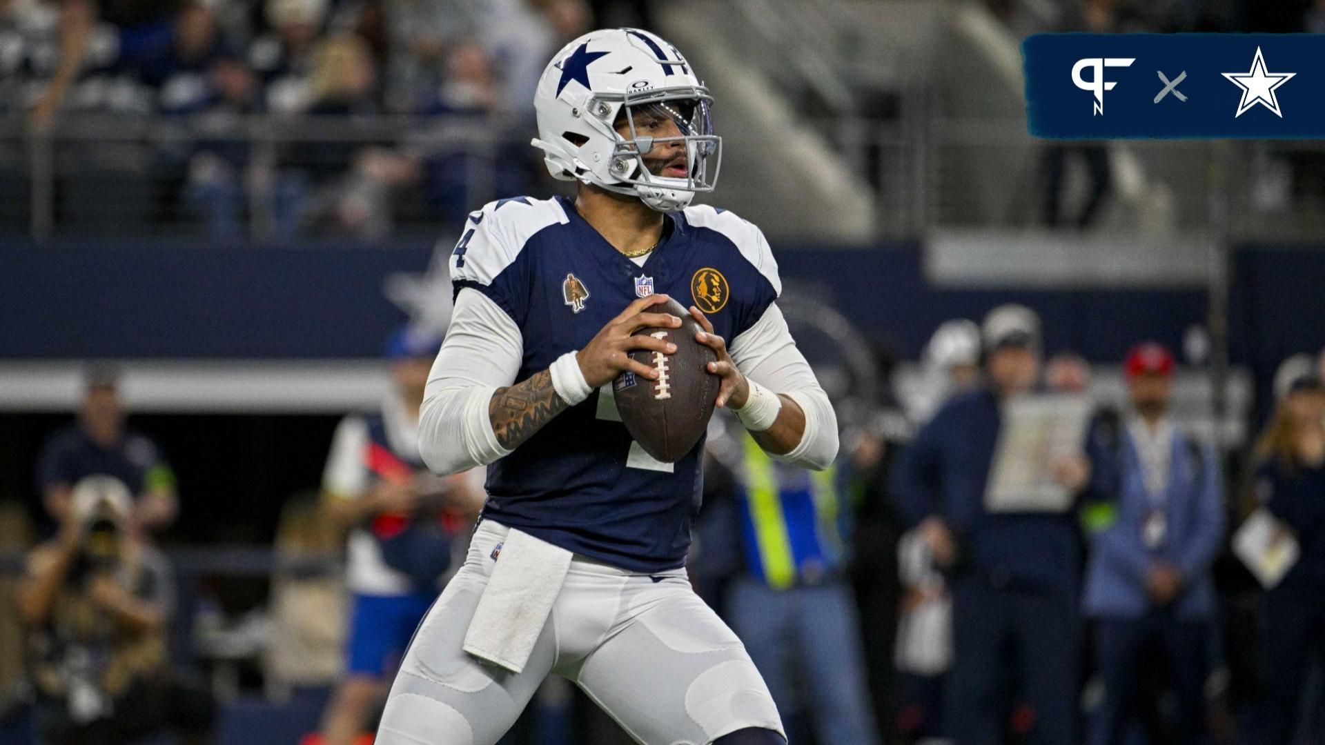 Dallas Cowboys quarterback Dak Prescott (4) in action during the game between the Dallas Cowboys and the Washington Commanders at AT&T Stadium.