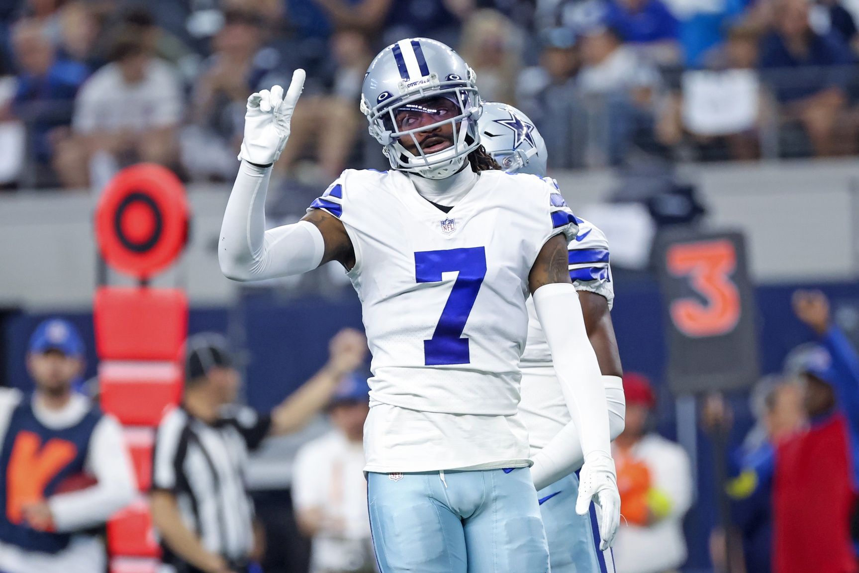 Dallas Cowboys cornerback Trevon Diggs (7) reacts during the first quarter against the Detroit Lions at AT&T Stadium.