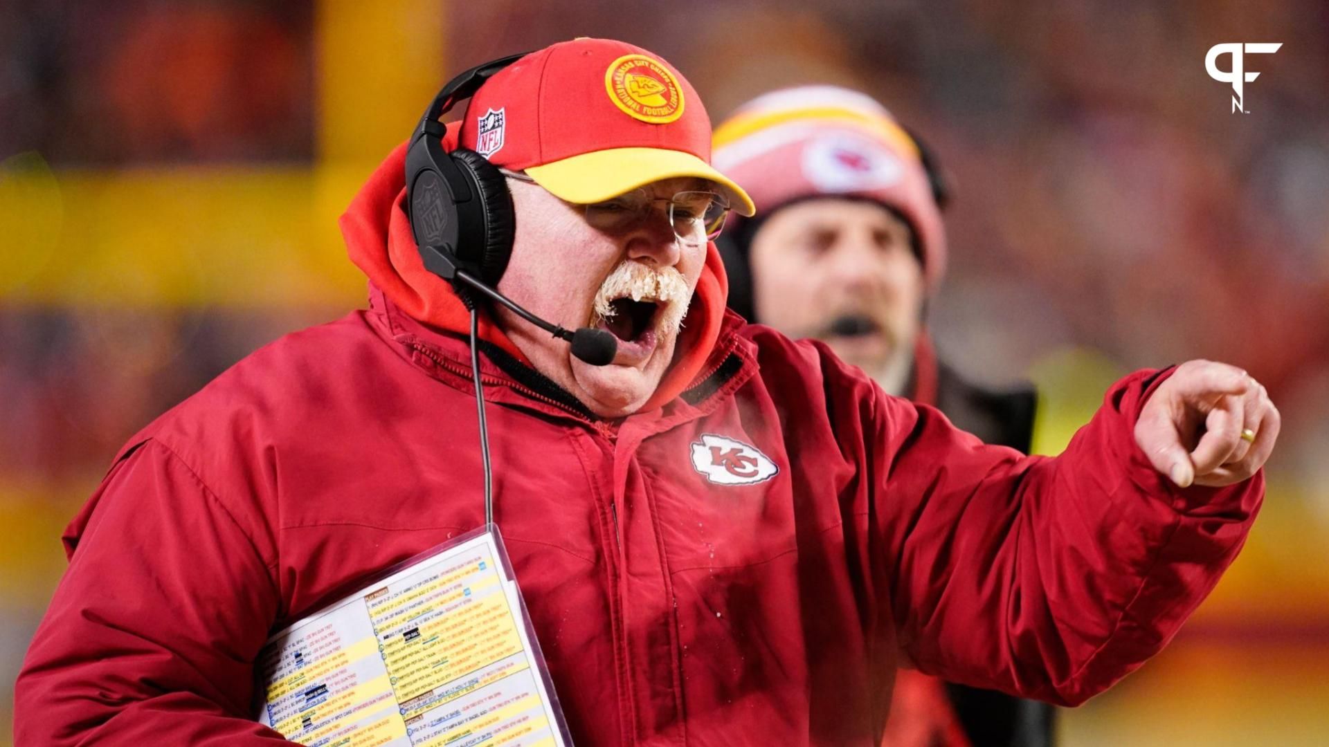 Andy Reid watches game action against the Miami Dolphins during the first half of the 2024 AFC wild card game at GEHA Field at Arrowhead Stadium.