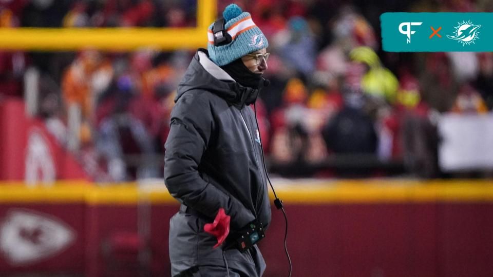 Miami Dolphins head coach Mike McDaniel watches game action against the Kansas City Chiefs during the first half of the 2024 AFC wild card game at GEHA Field at Arrowhead Stadium.