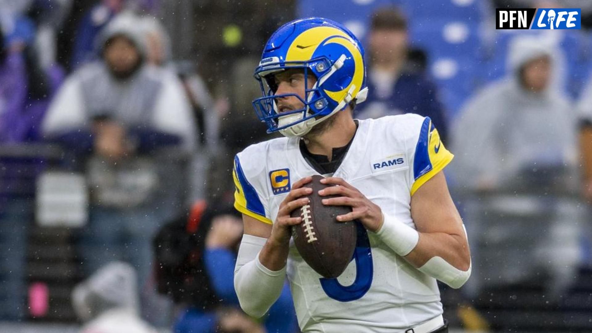 Los Angeles Rams quarterback Matthew Stafford (9) looks to throws prior to the game against the Baltimore Ravens at M&T Bank Stadium.