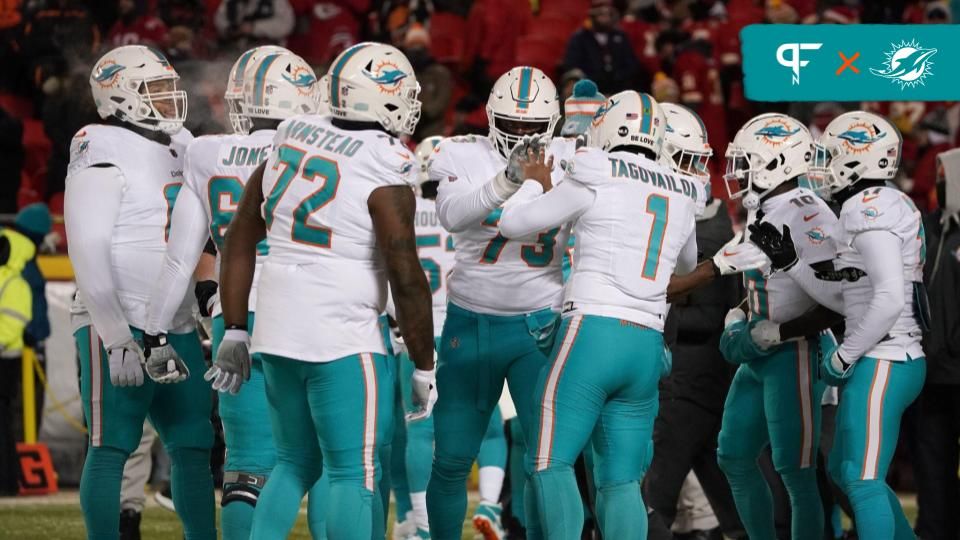 Miami Dolphins quarterback Tua Tagovailoa (1) before playing against the Kansas City Chiefs in the 2024 AFC wild card game at GEHA Field at Arrowhead Stadium.