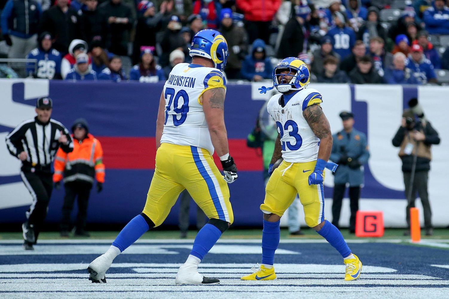 Los Angeles Rams RB Kyren Williams (23) celebrates after a touchdown against the New York Giants.