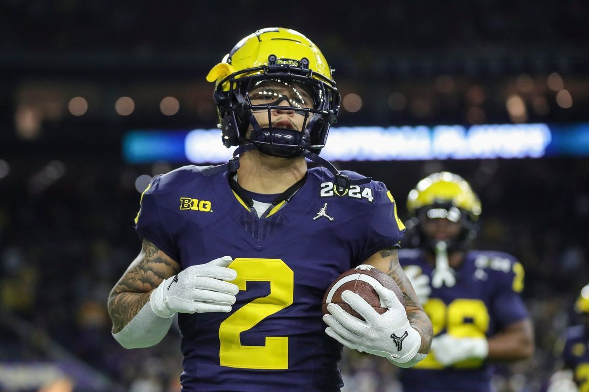 Michigan running back Blake Corum warms up before the national championship game at NRG Stadium in Houston on Monday, Jan. 8, 2024.