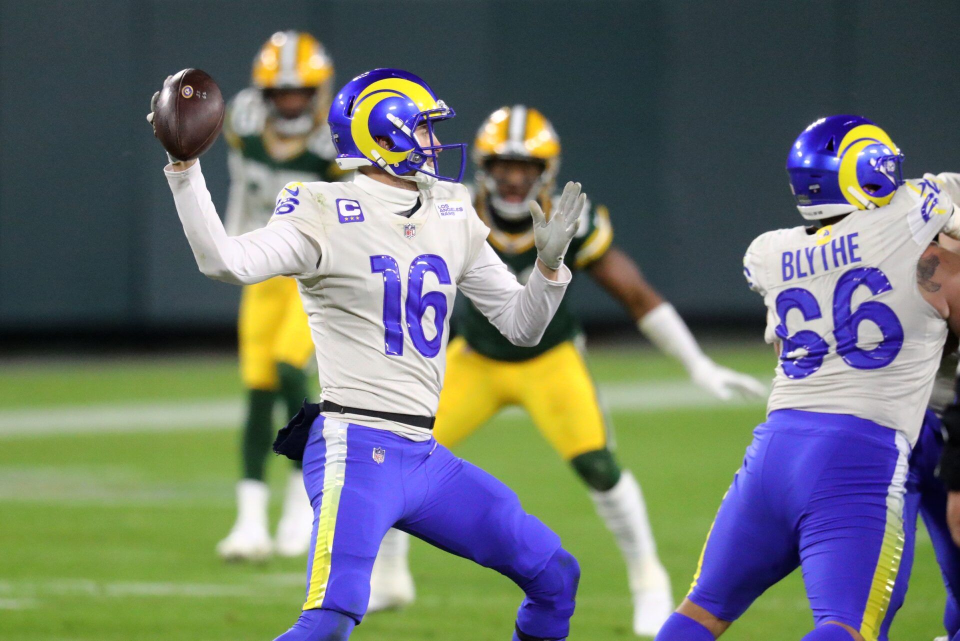 As a member of the Los Angeles Rams, QB Jared Goff (16) throws a pass against the Green Bay Packers.