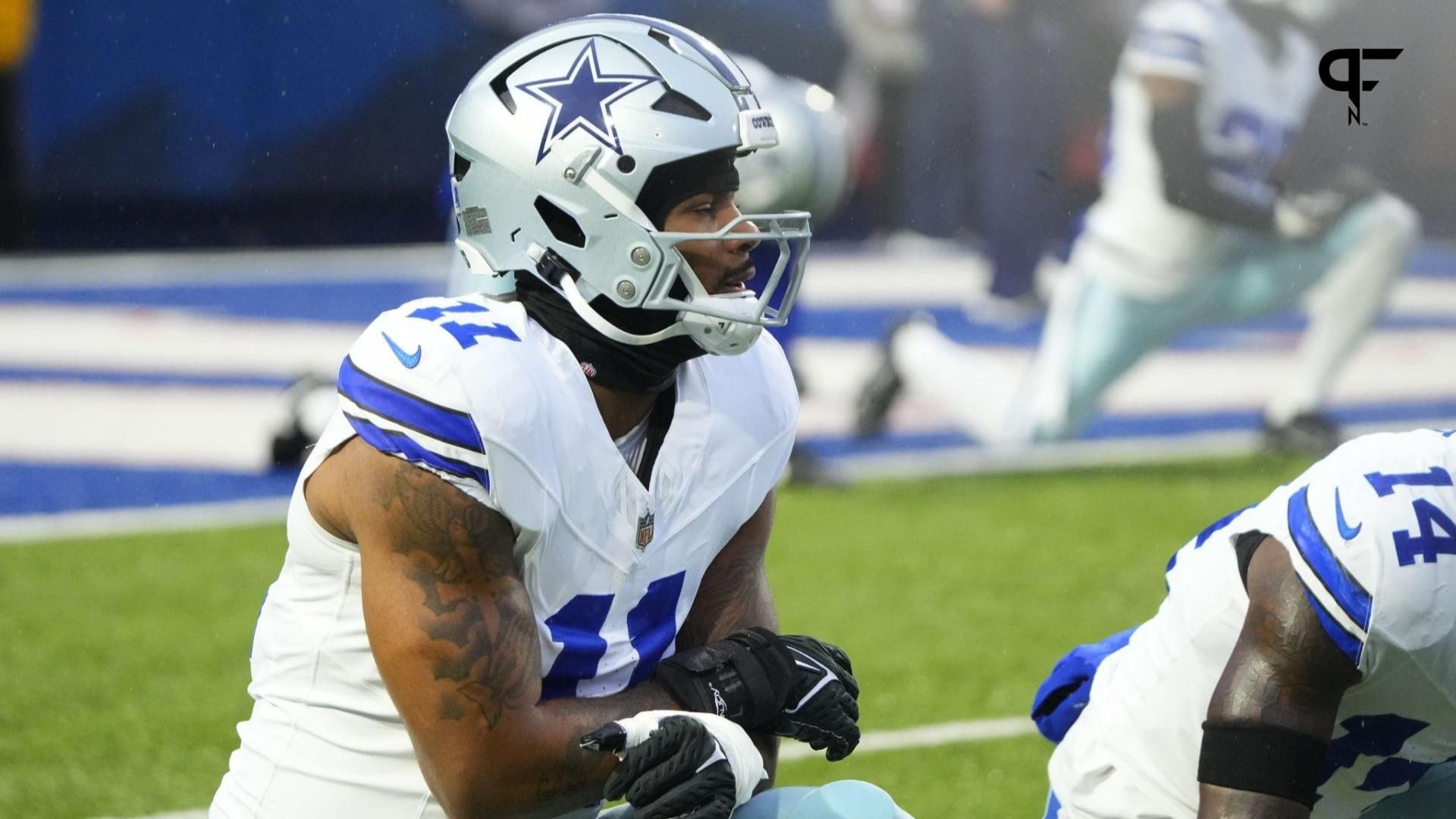 Dallas Cowboys linebacker Micah Parsons (11) warms-up before the game against the Buffalo Bills at Highmark Stadium.