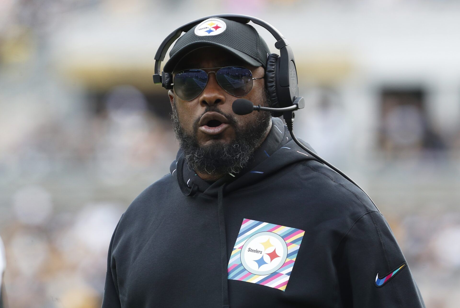 Pittsburgh Steelers head coach Mike Tomlin reacts on the sidelines against the Baltimore Ravens during the first quarter at Acrisure Stadium.