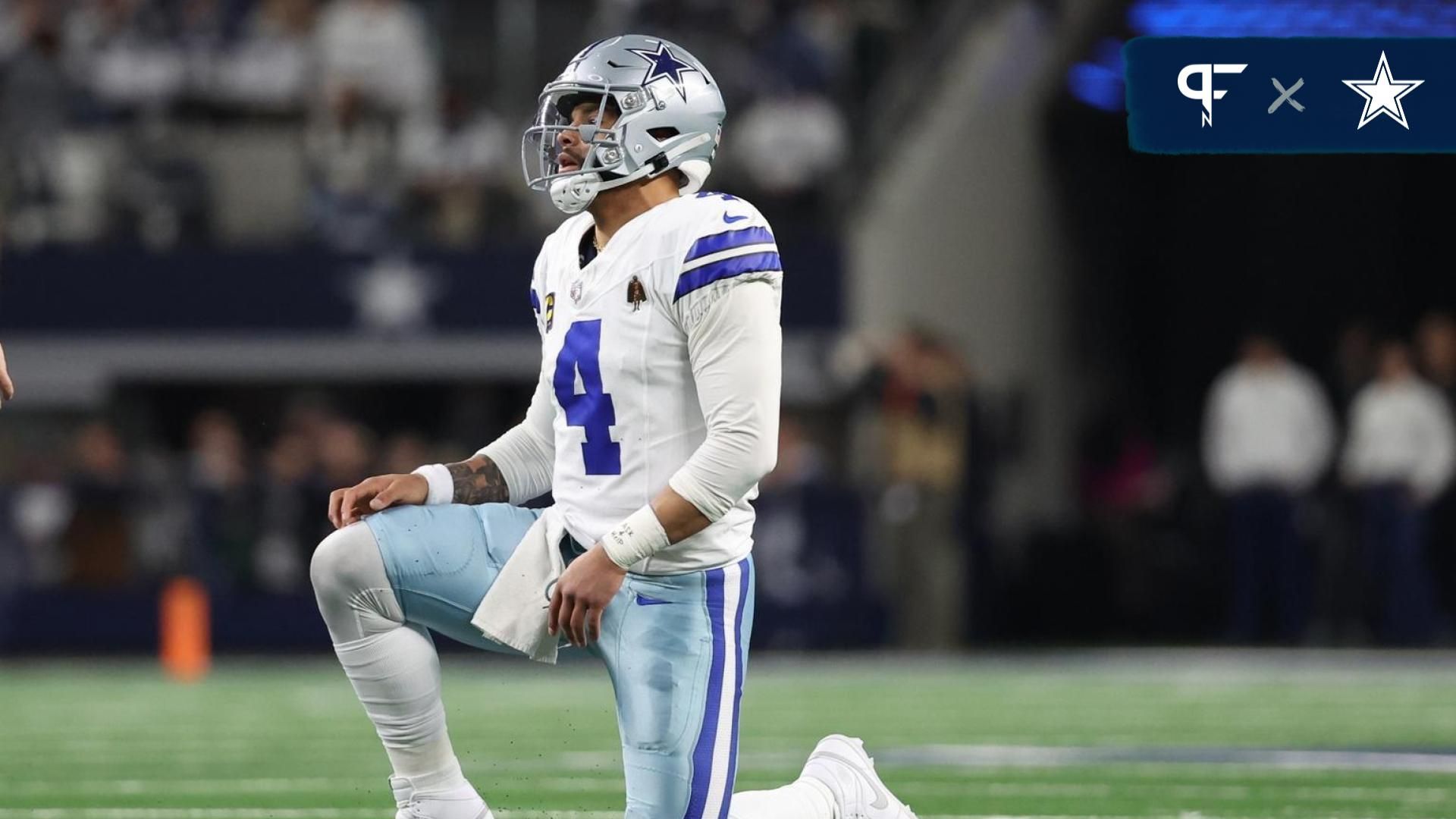 Dallas Cowboys quarterback Dak Prescott (4) reacts after a play against the Green Bay Packers during the second half for the 2024 NFC wild card game at AT&T Stadium.