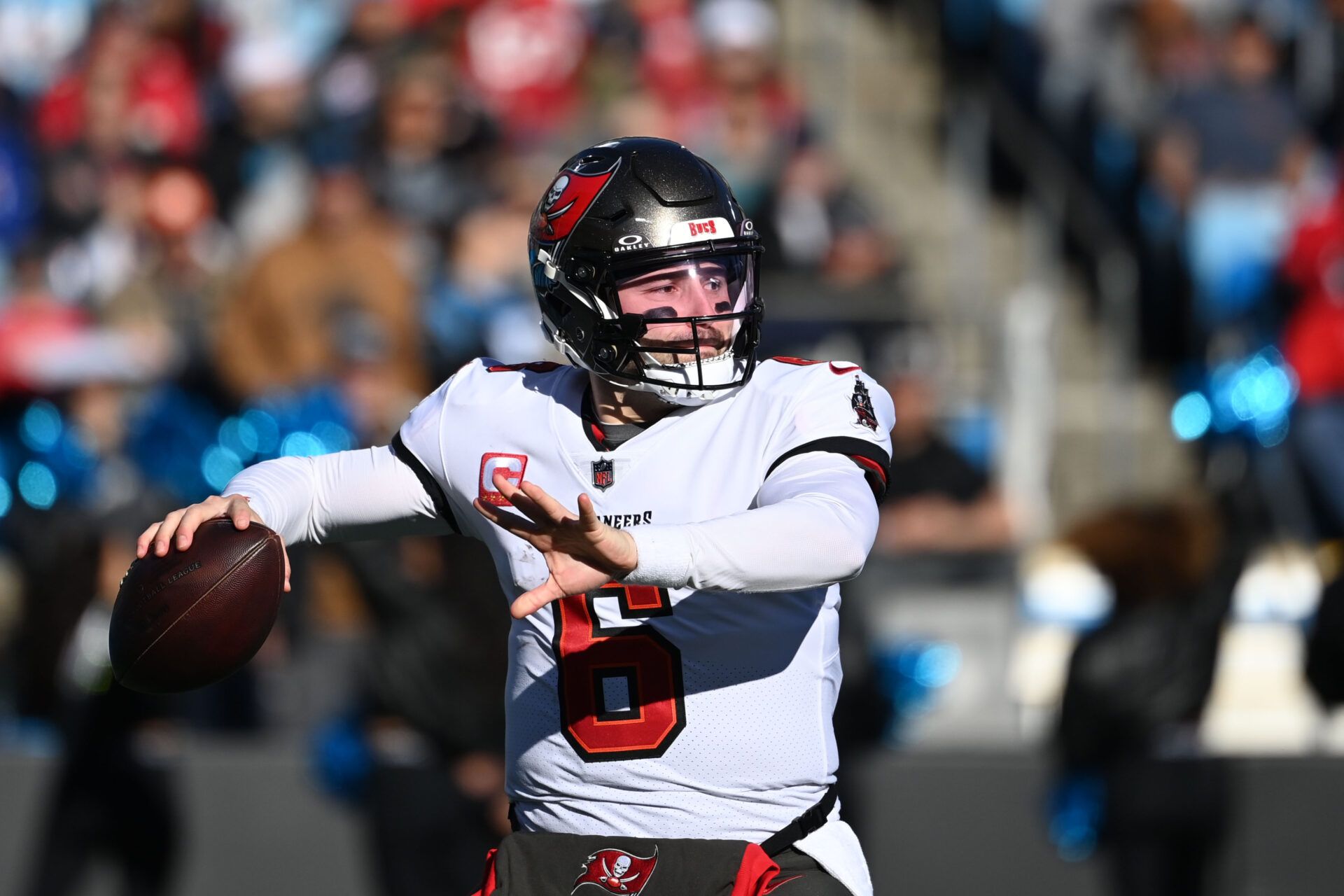 Tampa Bay Buccaneers quarterback Baker Mayfield (6) passes the ball in the third quarter at Bank of America Stadium.